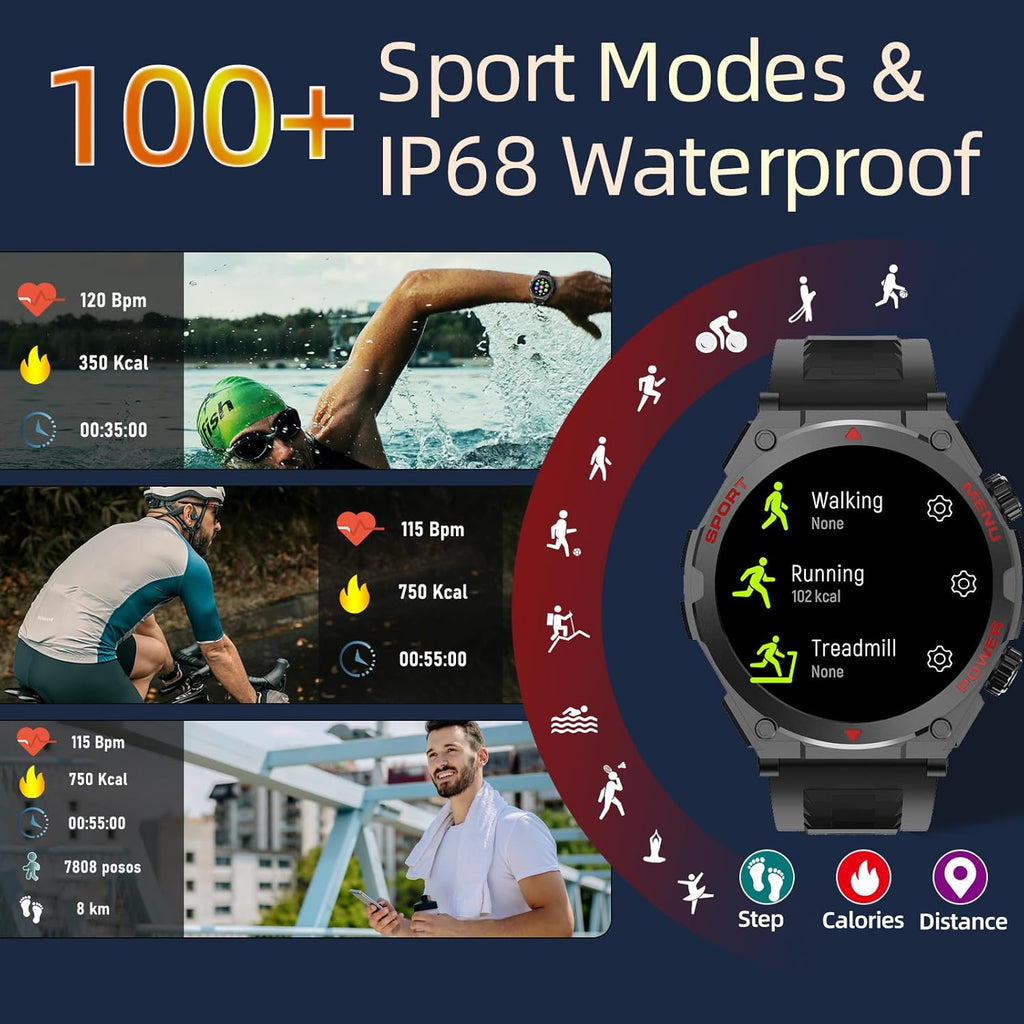 Military Smart Watch for Men (Answer/Make Call), 1.52" HD Smartwatch for Android Phones/iPhone, 100+ Sport Mode Fitness Tracker with Heart Rate, SpO2, Stress and Sleep Monitor, IP68 Waterproof