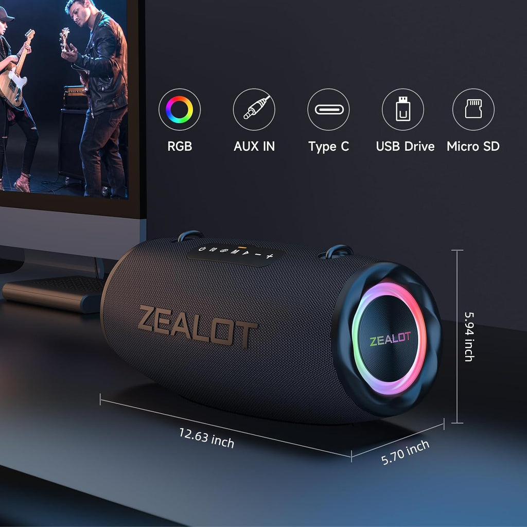 ZEALOT Bluetooth Speaker, 80W Bluetooth Speaker with Boost Bass, Waterproof IPX6, LED Light, Power Bank, Bluetooth 5.2, Outdoor, Camping Bluetooth Speaker