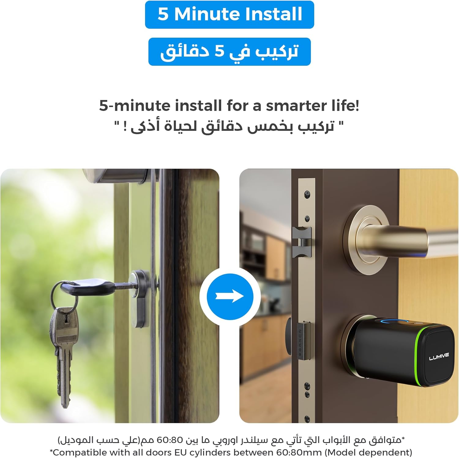 Lumive Smart Door Lock, Fingerprint Door Lock, Bluetooth App Unlock,2 Keys,2 RFID Cards,Fixed Cylinder, Black [Battery Included] (60mm Smart Cylinder)