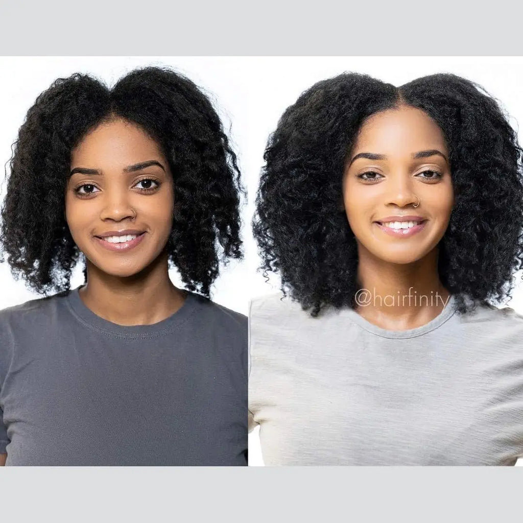 Curly dark hair transformation with Hairfinity biotin capsules for increased volume and shine
