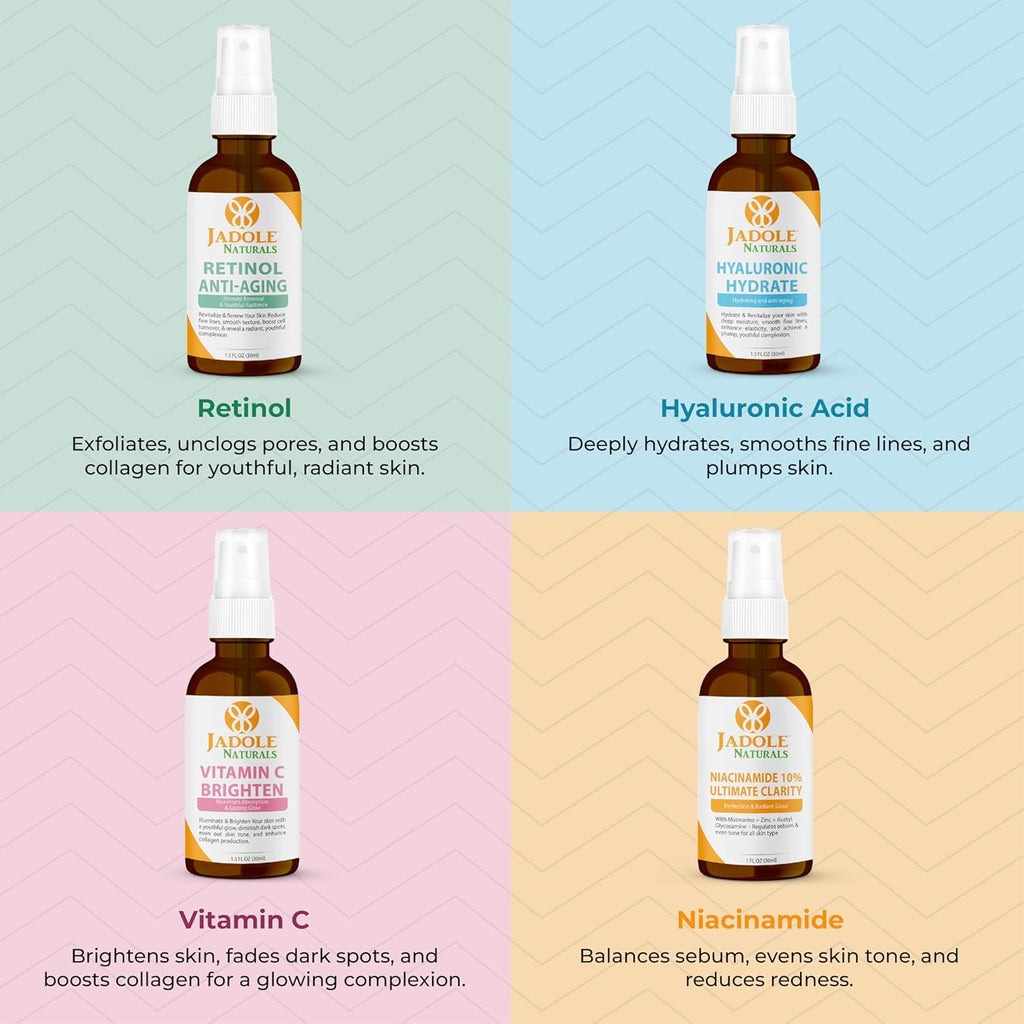 Jadole Naturals Quartet Anti- Aging Serum Set (Each 30ml) | Vitamin C, Retinol, Niacinamide & Hyaluronic Acid | Boosts Brightness, Fights Aging, Hydrates, Enhances Skin Clarity & Moisturizes Skin