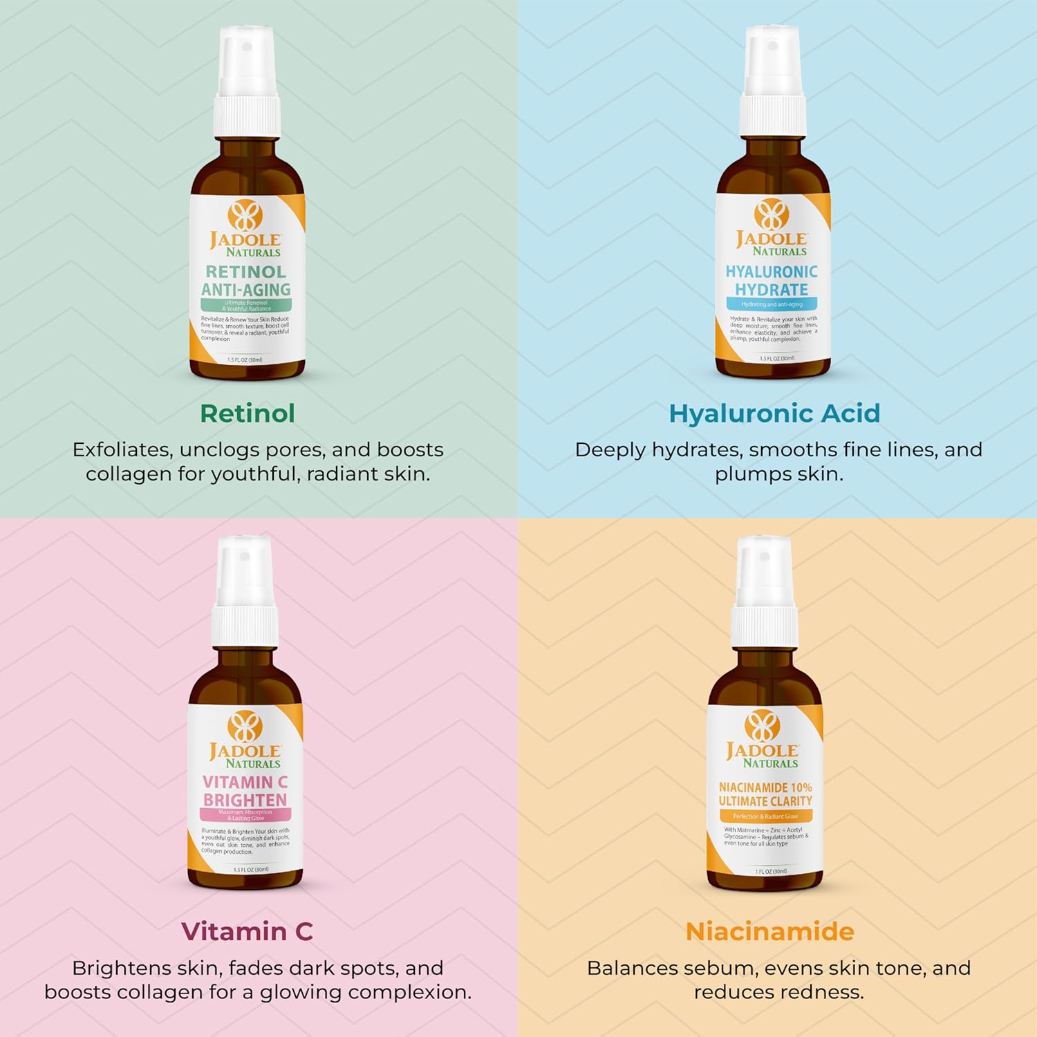 Jadole Naturals Quartet Anti- Aging Serum Set (Each 30ml) | Vitamin C, Retinol, Niacinamide & Hyaluronic Acid | Boosts Brightness, Fights Aging, Hydrates, Enhances Skin Clarity & Moisturizes Skin