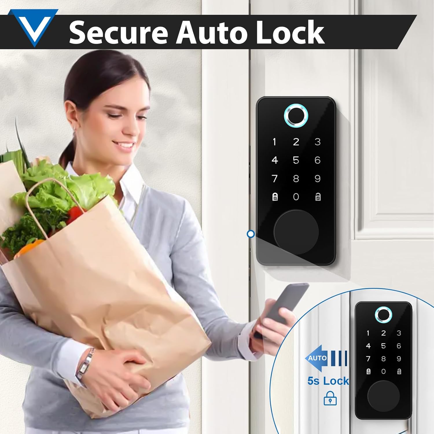 Smart Fingerprint Door Lock, Keyless Entry, Keypad Password, Electronic Biometric Identification, Digital Touchscreen Deadbolt Auto Lock for Home/Hotel/Office/Apartment