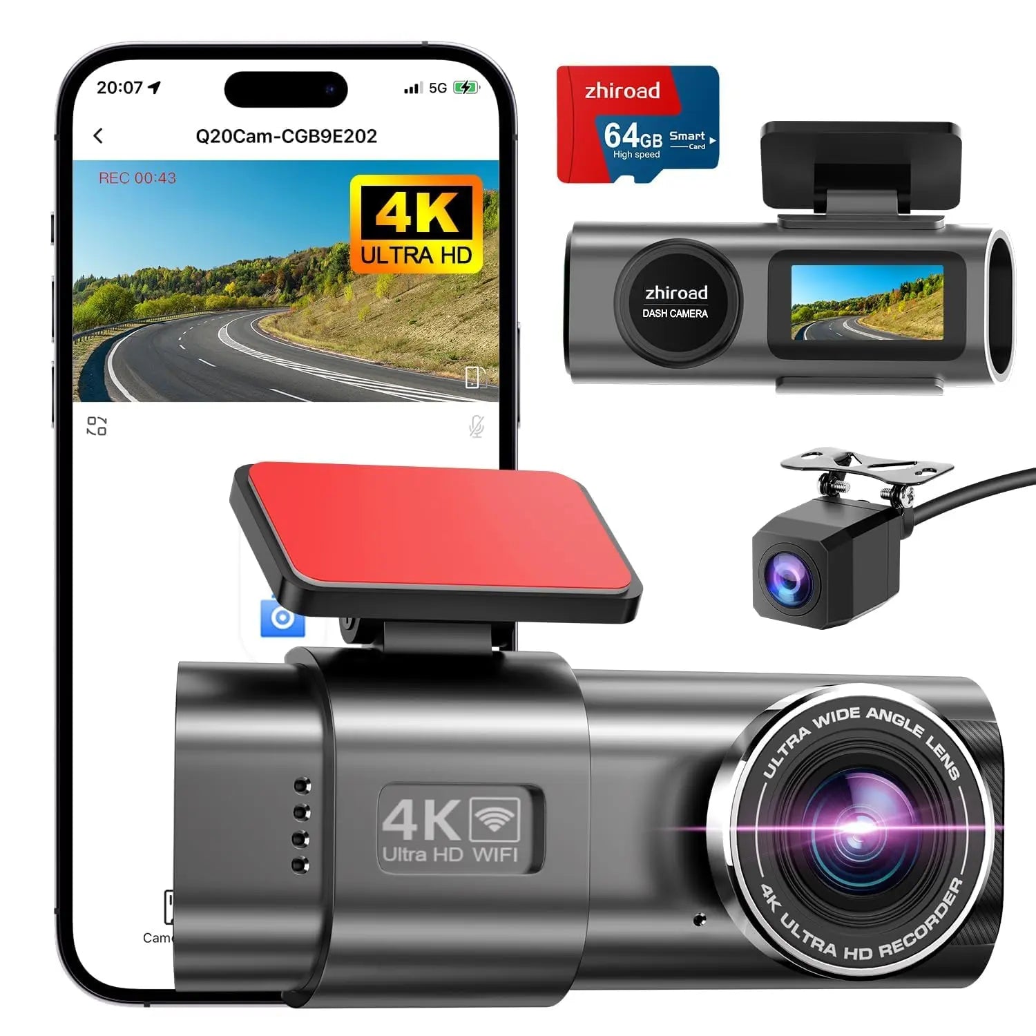 Car Dash Cam, 4K Dashcam with 64G Card, Car Dashcam with WiFi & App, 170° Car Camera, 1.47" Screen, WDR, Night Vision, Parking Mode, Gravity Sensor, Loop Recording