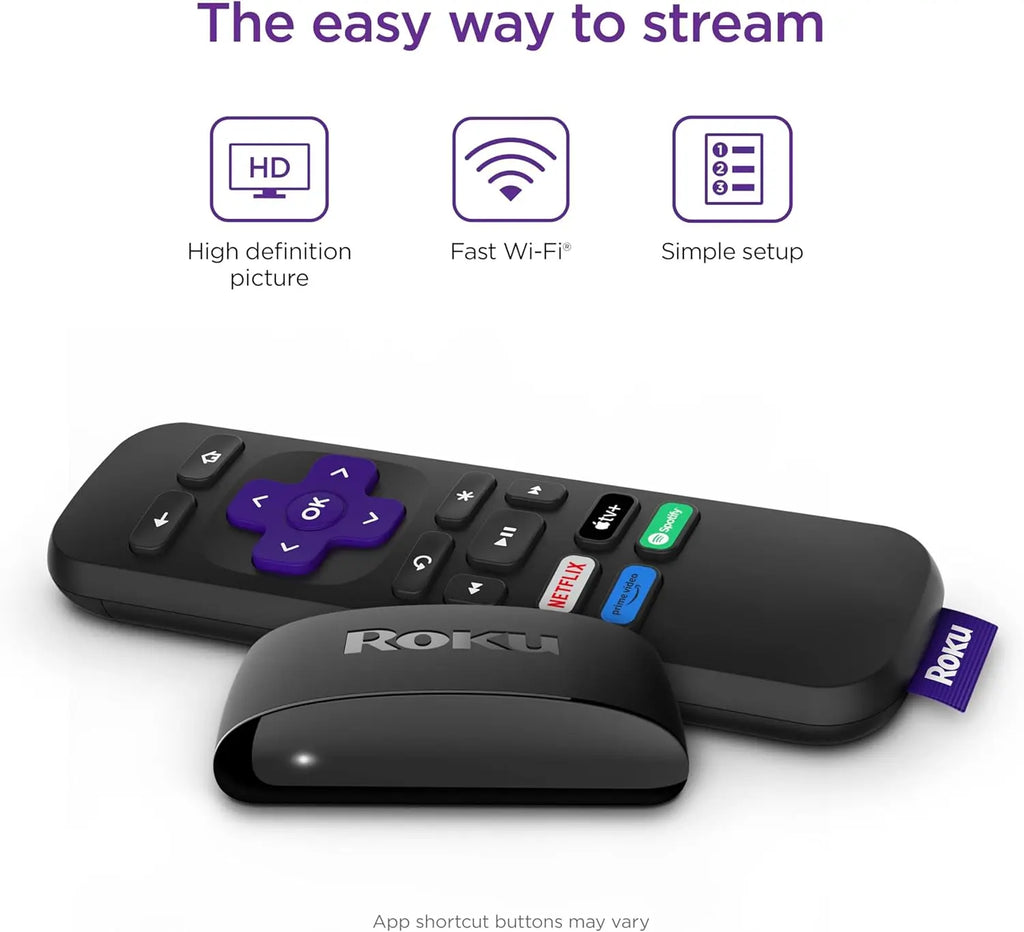 Black Roku Express streaming device with standard remote featuring app shortcut buttons