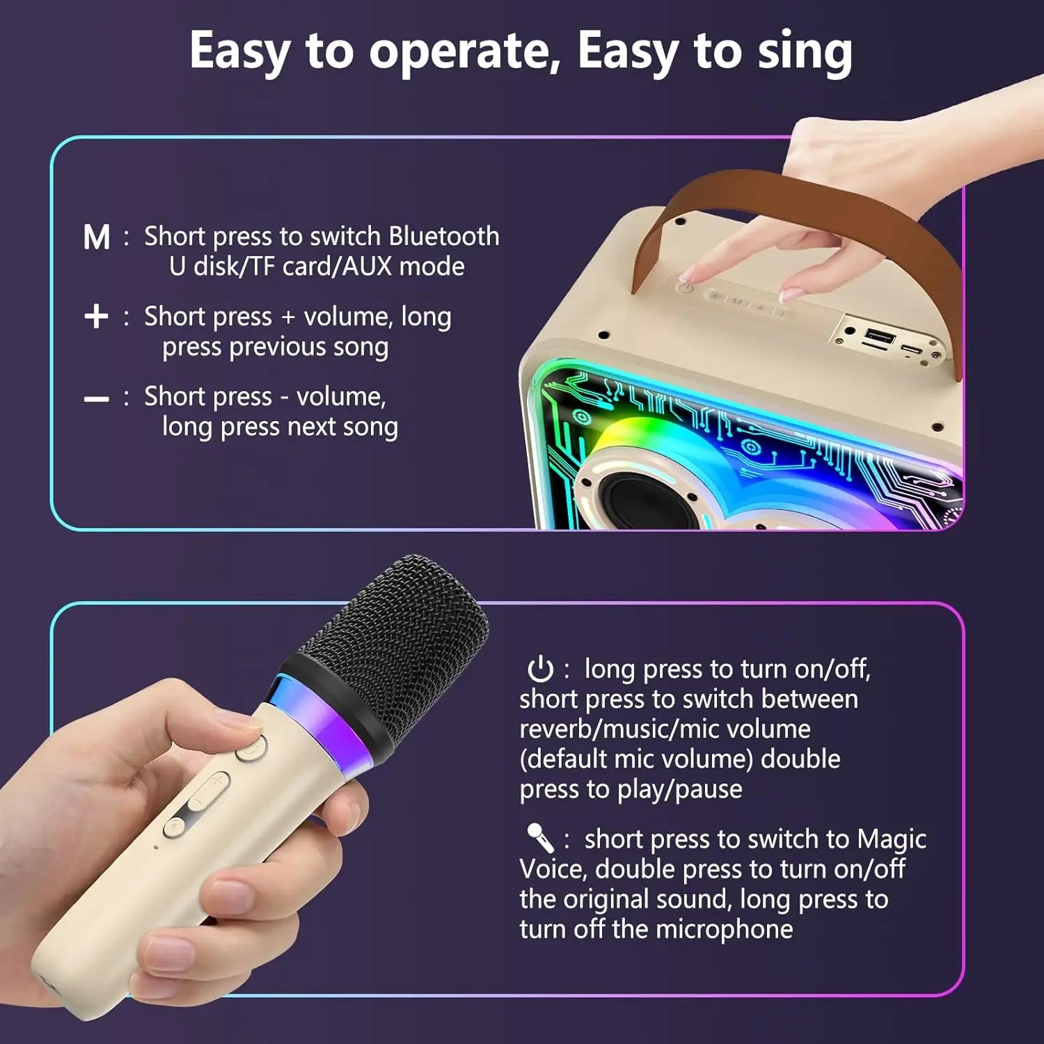JYX Karaoke Machine with 2 Microphones for Kids & Adults, LED Lights and Magic Sound, Portable Wireless Bluetooth Speaker Supports Home Party / Outdoor / Gifts / Decorations