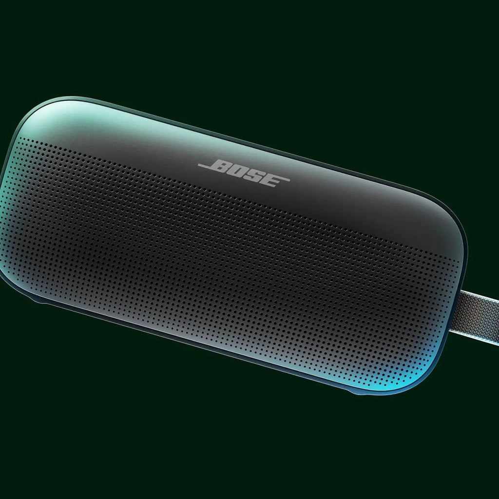 Black Bose SoundLink Flex speaker with curved contours and blue accent lighting