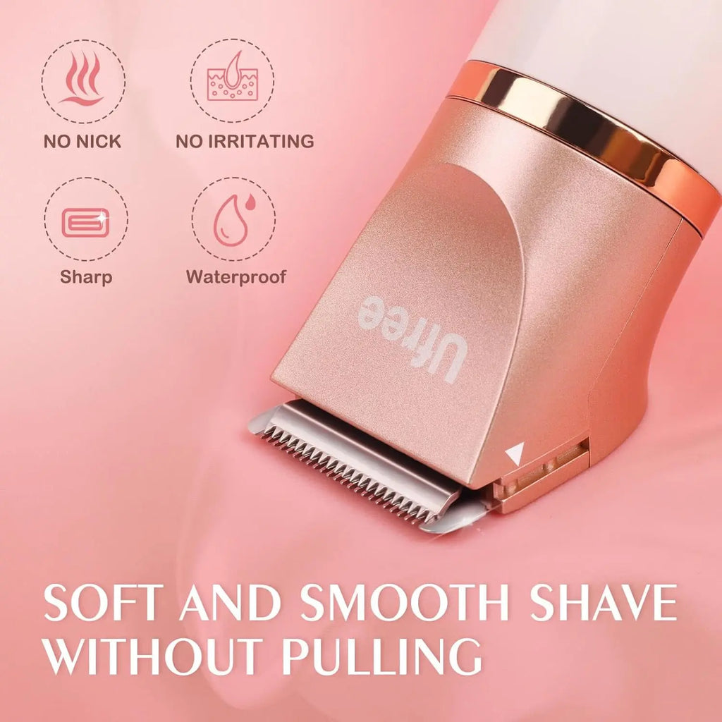 Ufree Bikini Trimmer for Women, Electric Razors Shaver for Face Body Pubic, Wet & Dry Use Grooming Kit, Gentle Hair Removal, 3 in 1 Waterproof and Cordless Hair Trimmer, USB Recharge, Gold