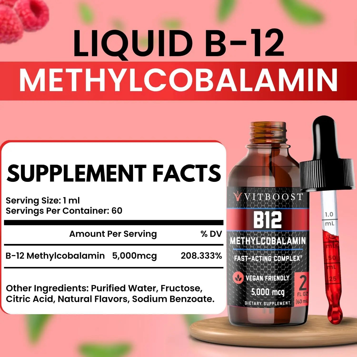 VITBOOST Vegan Liquid B-12 Drops – 60 x 5000 mcg Extra Strength Raspberry Flavored Vitamin B12 Liquid Methylcobalamin sublingual Supplement | Designed to Maximize Absorption & Energy | Gluten Free