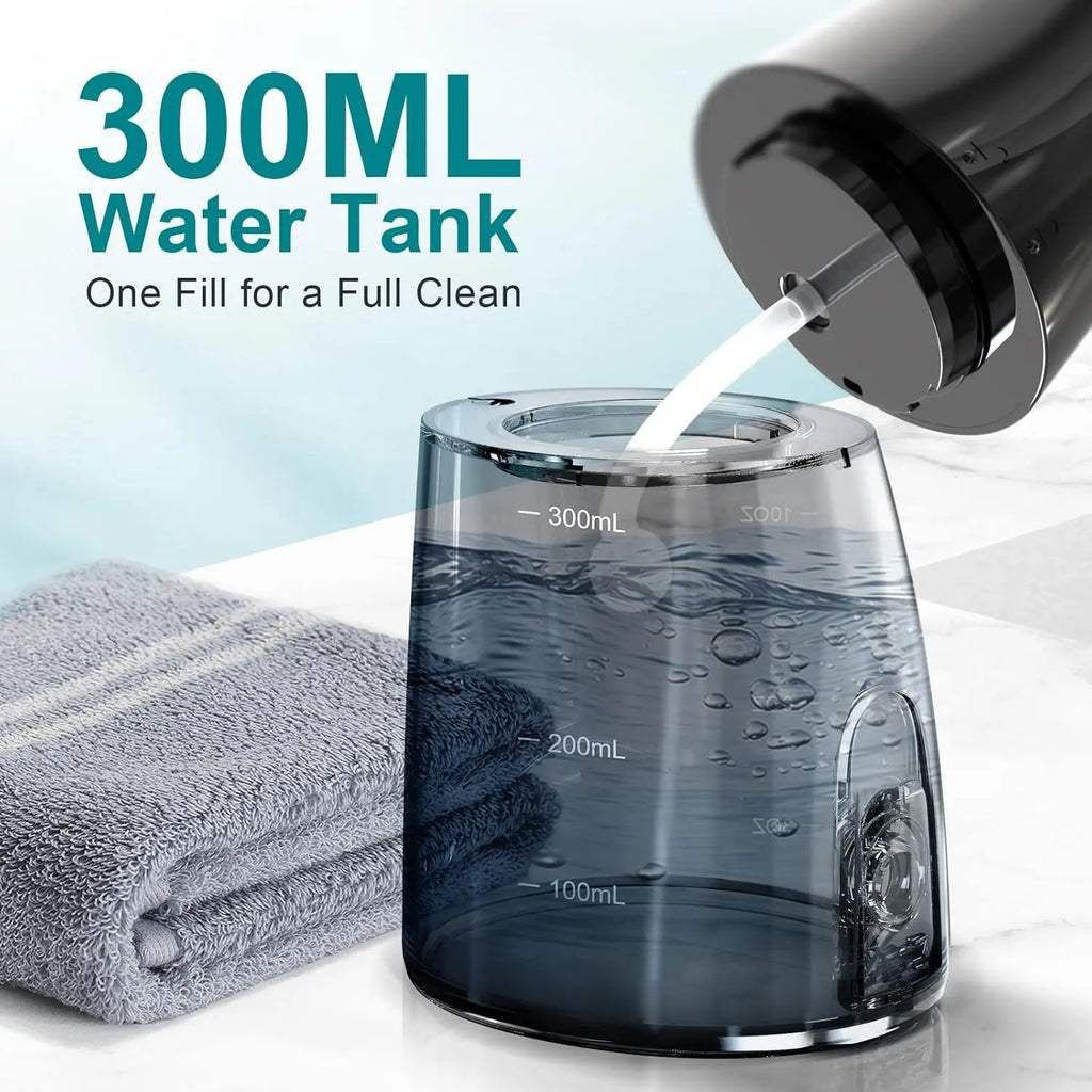 300ML transparent water tank with level markings on black portable oral irrigator