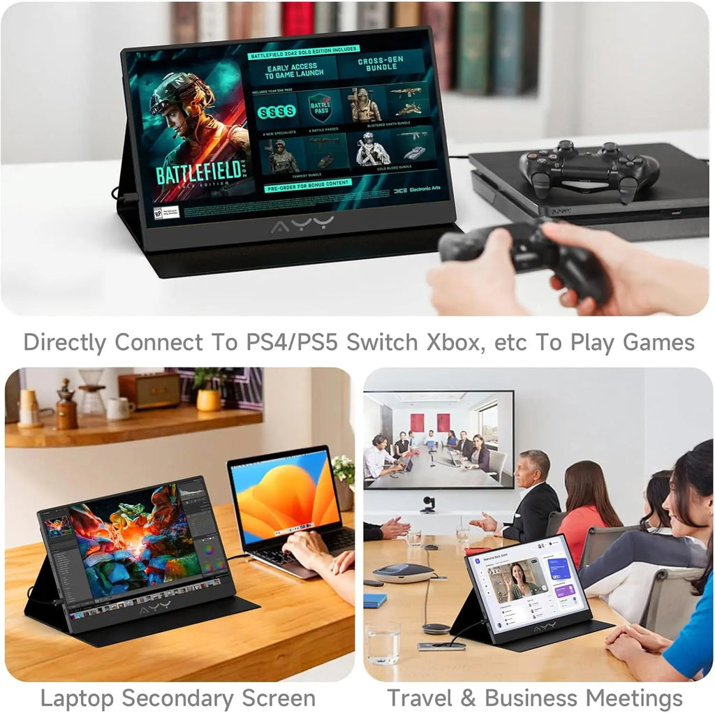 AYY Portable Monitor for Laptop 15 Inch,FHD 1080P USB C Travel Monitor External IPS HDMI for Computer, Second Display Screen Extender with Kickstand for PC Phone Switch PS4/5