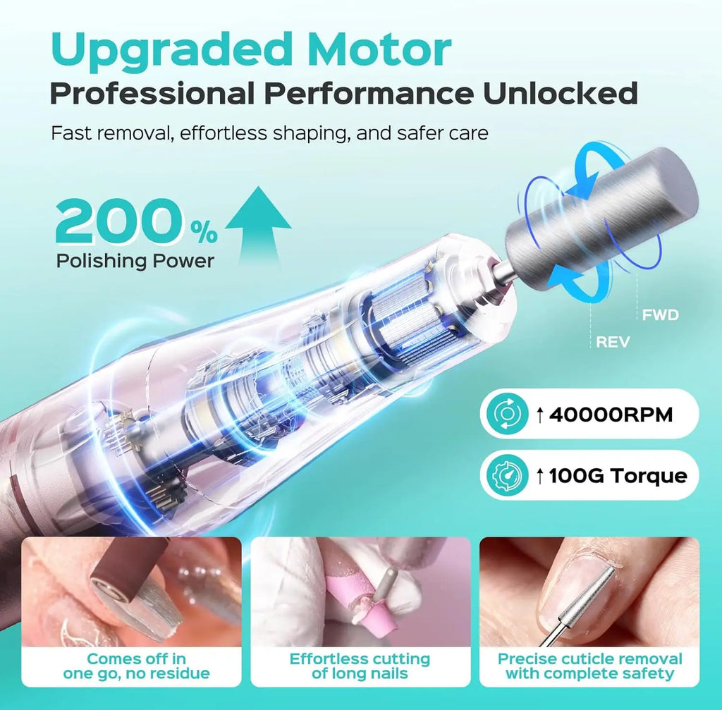 Upgraded motor COSLUS nail drill delivering 40000 RPM torque for professional polishing