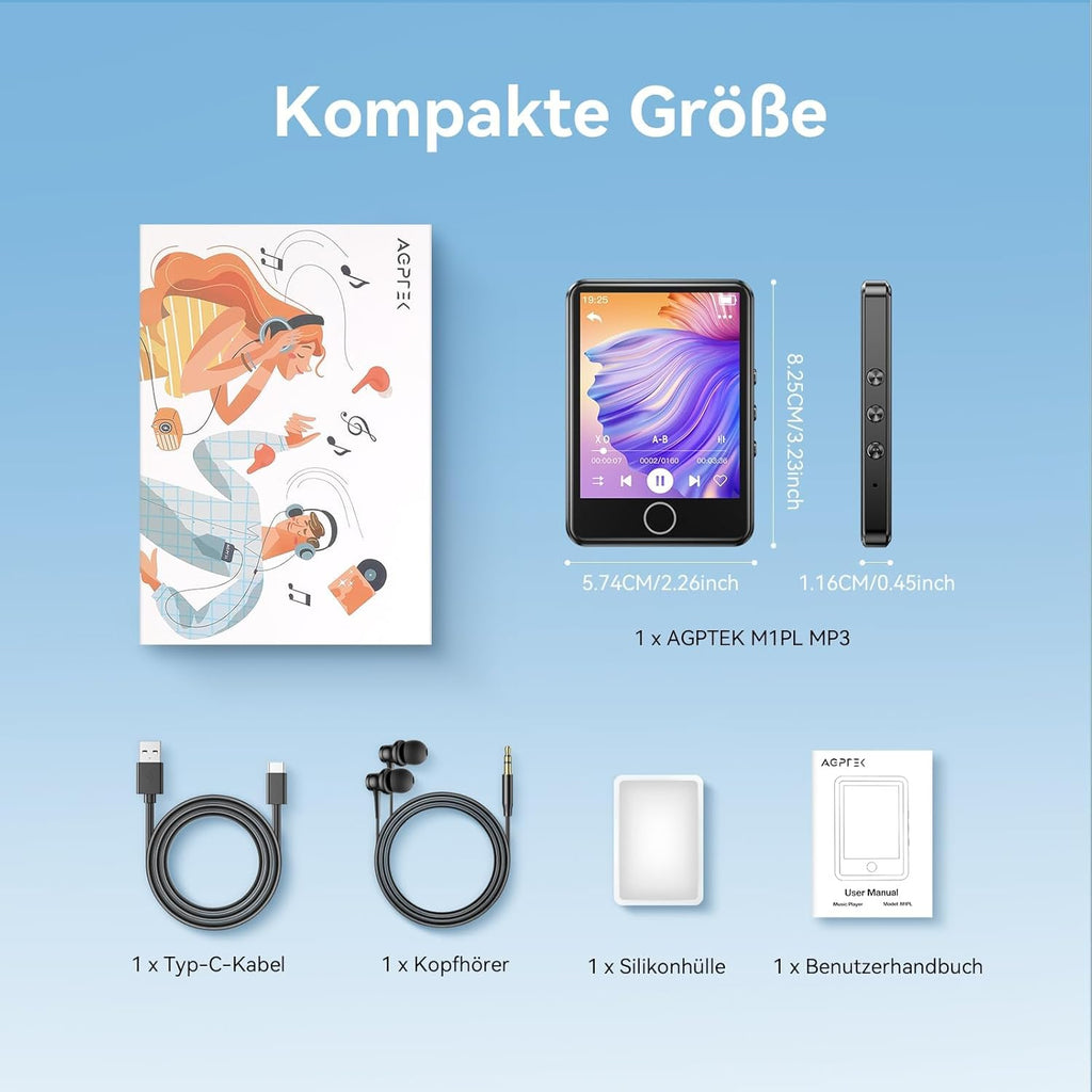 64GB MP3 Player with Bluetooth 5.3, AGPTEK 2.4" Full Touch Screen MP3 Music Player with Speaker, FM Radio, Voice Recorder, E-Book， Line-in Recording