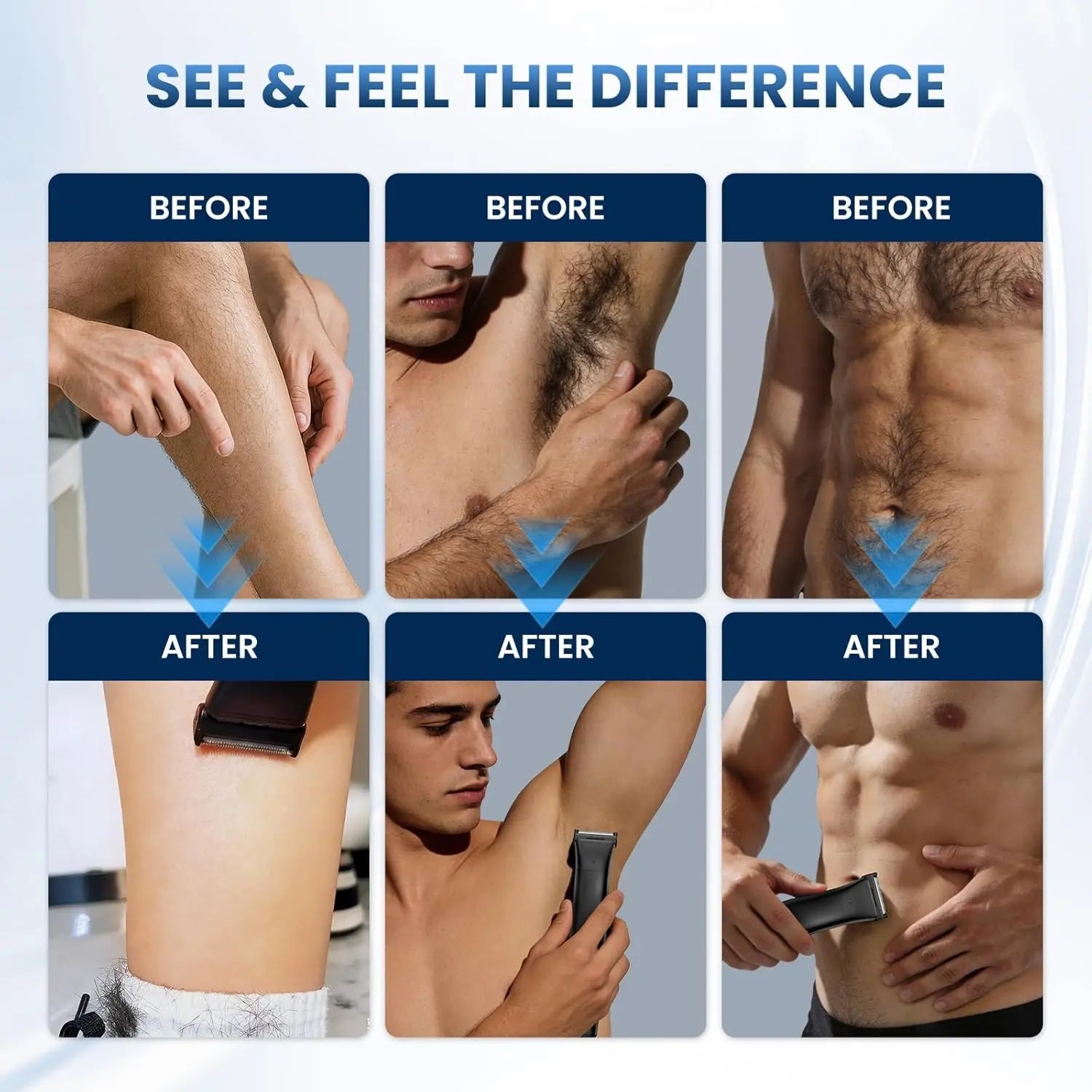 Before and after comparison showing smooth skin after using waterproof body groomer