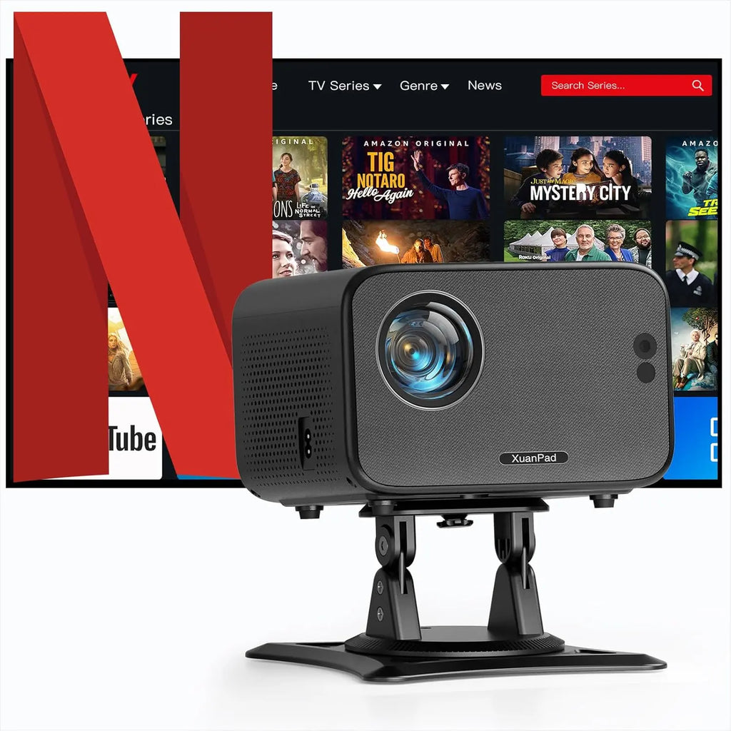 XuanPad portable projector on adjustable stand streaming TV series thumbnails