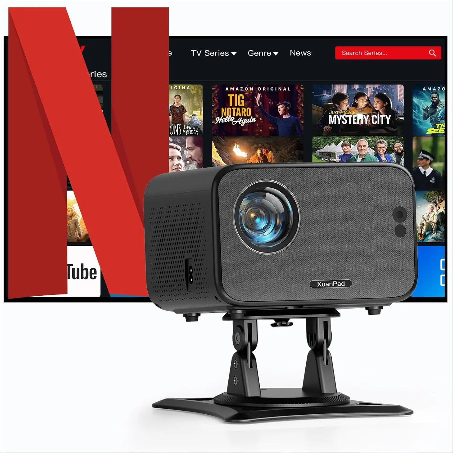 XuanPad portable projector on adjustable stand streaming TV series thumbnails