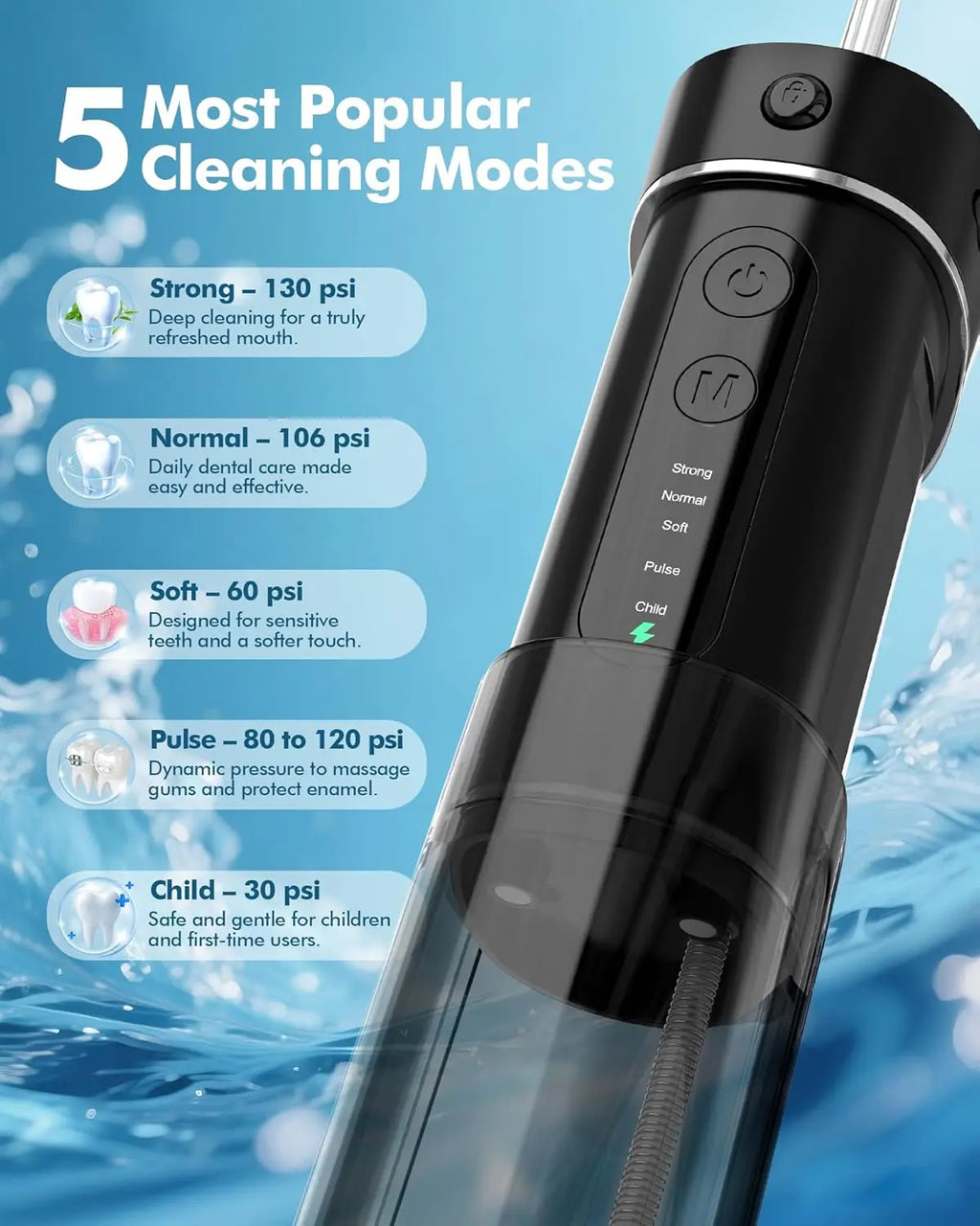 Mini Portable Water Flosser, 5 Modes Cordless with Telescopic Water Tank, 4 Tips, IPX7 Waterproof Water Floss for Home & Travel Black