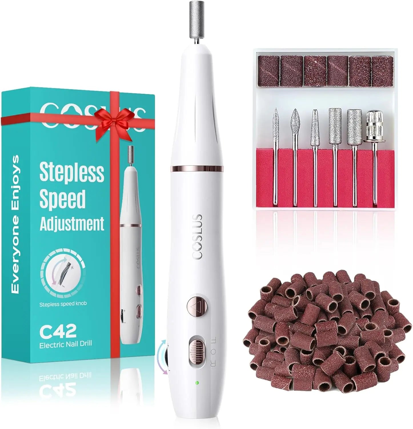 White COSLUS C42 electric nail drill with stepless dial and 6 grinding bits