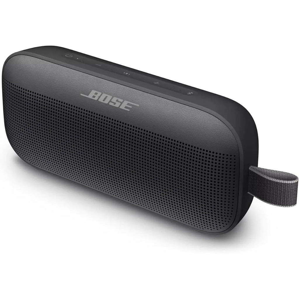Compact black Bose SoundLink Flex speaker with full-front perforated grille