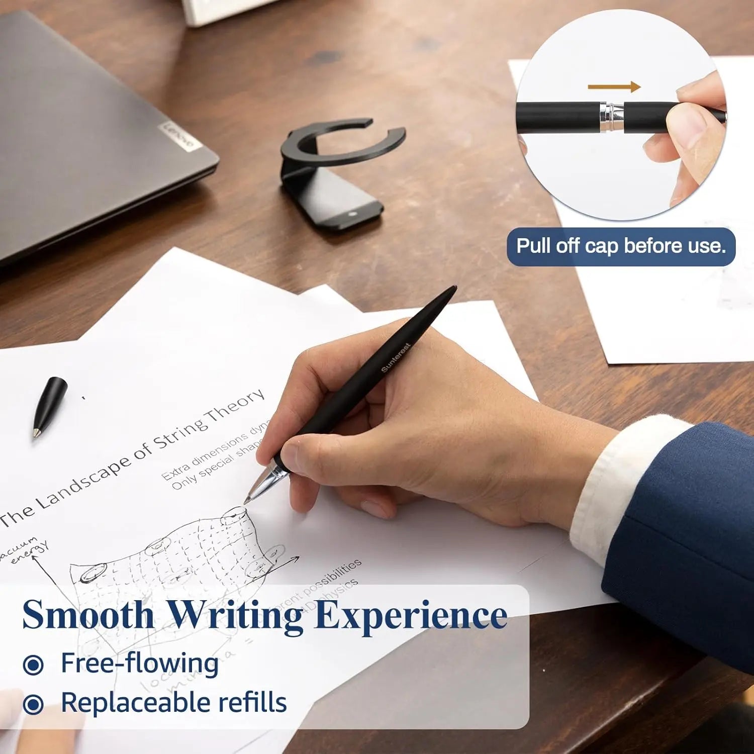 Sunterest black gel ink pen with silver band writing smooth text