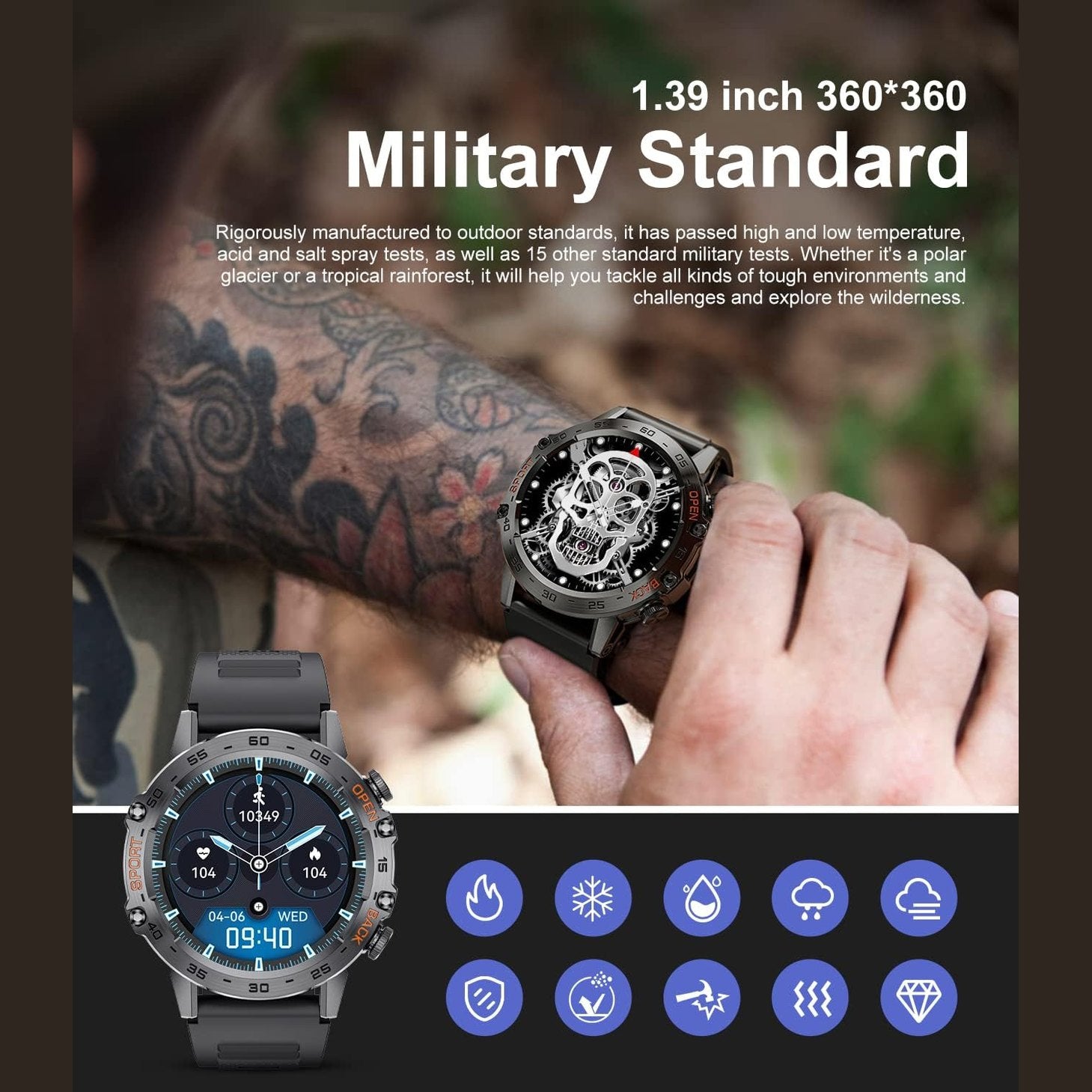 Smart Watch for Men Bluetooth Calls with,1.39''HD Touch Screen Tactical Smartwatch for Android and iPhone,5ATM Waterproof Fitness Watch with Blood Pressure/Heart Rate Monitor BlackSilicone