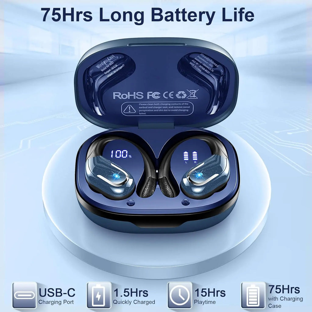 Wireless Earbuds, Bluetooth 5.3 Headphones with 4 ENC Noise Cancelling Mic, 75H Wireless Headphones In Ear Stereo Sound Deep Bass, 2024 Bluetooth Earphones IP7 Waterproof LED Display for Running, Blue