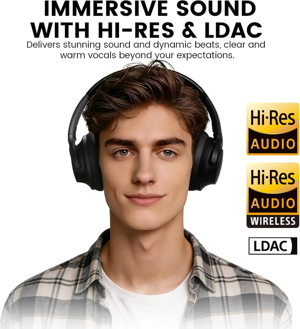 1Mii Y8 Noise Cancelling Headphones Bluetooth, Wireless LDAC Hi-Res Audio, Custom EQ, 75H Playtime, Comfort Fit, Over Ear Headphones Foldable for Airplane Travel Home Office - App Enhanced Black