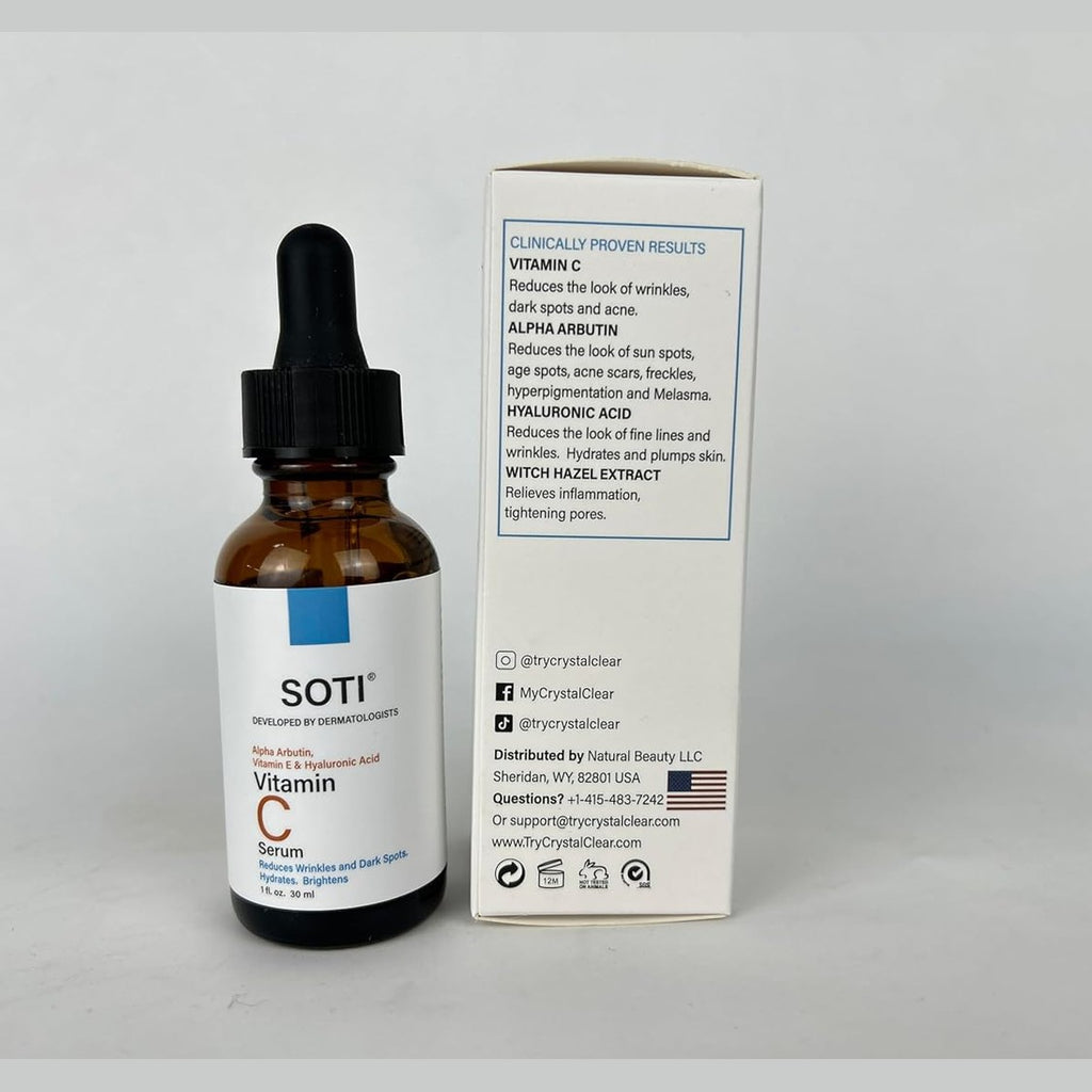 Vitamin C Face Serum 20%, Fades Dark Spots, Brightens Skin Tone, Restores Radiance, Anti-aging, Wrinkles & Acne with Hyaluronic Acid, Alpha Arbutin and Vitamin E 30ml Soti (Vitamin C)