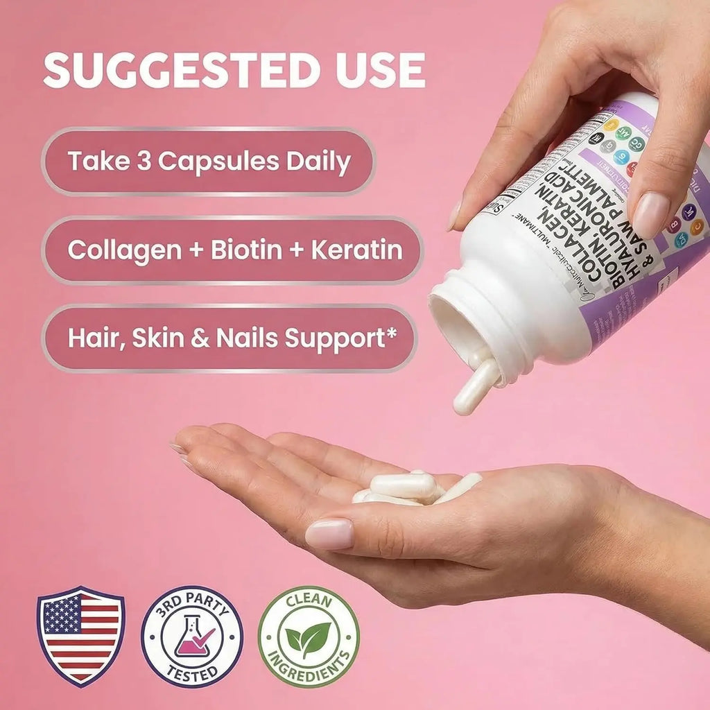 Pouring Clean Nutraceuticals collagen capsules into hand with suggested use instructions