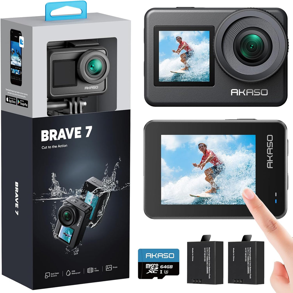 AKASO Brave 7 Action Cam 4K30FPS with 256GB U3 microSDXC Memory Card 20MP WiFi Underwater Camera IPX8 Waterproof Action Camera Ice 2.0 with Touch Screen, Zoom, Voice Control and 2 x 1350 mAh Batteries
