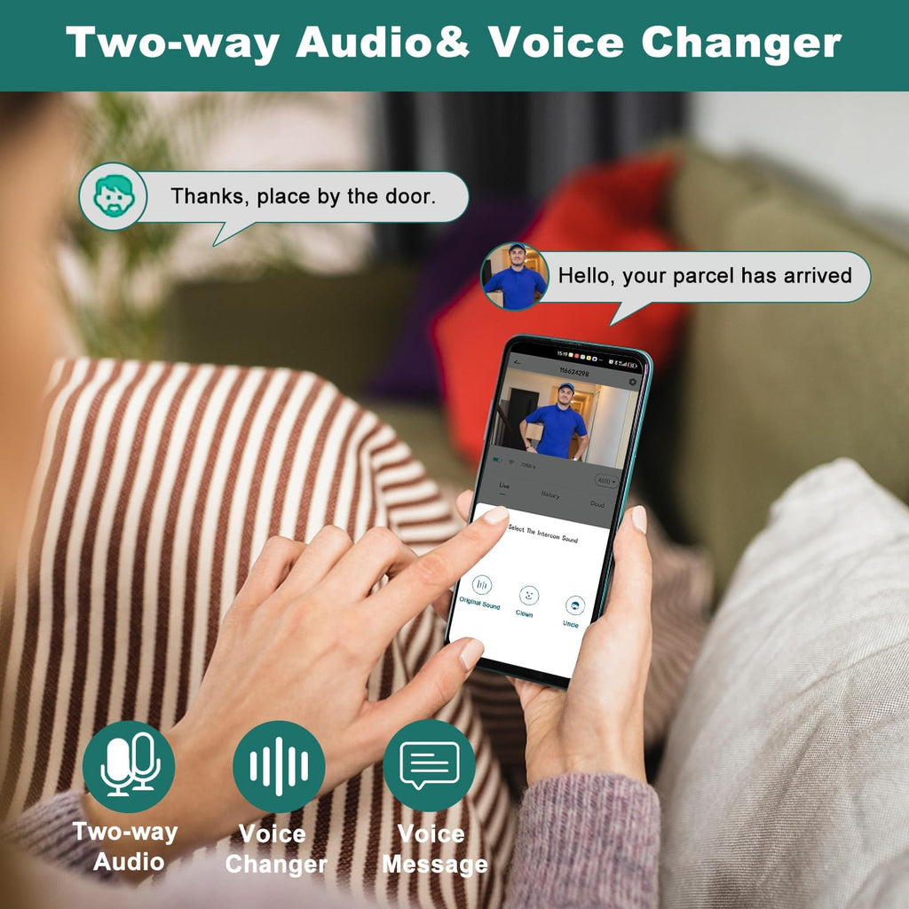 Wireless Video Doorbell Camera with Chime, Voice Changer/Message, PIR Motion Detection, Instant Alerts, 2-Way Audio, 1080P HD, Night Vision, 2.4G WiFi, IP66, Battery Powered, Works with Alexa
