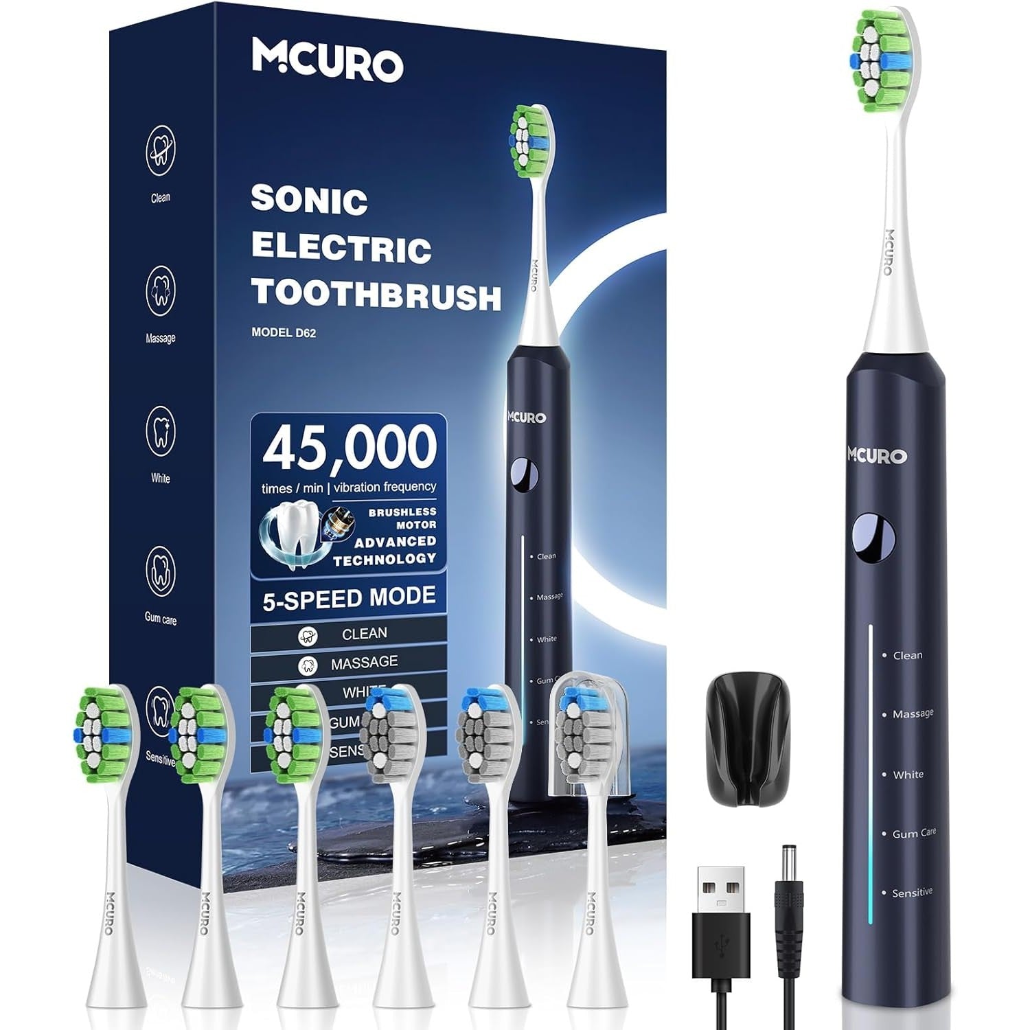 Electric Toothbrush, 40,000 VPM Magnetic Hover Motor, 5 Modes, 120 Days Battery Life, DuPont Bristles, Blue