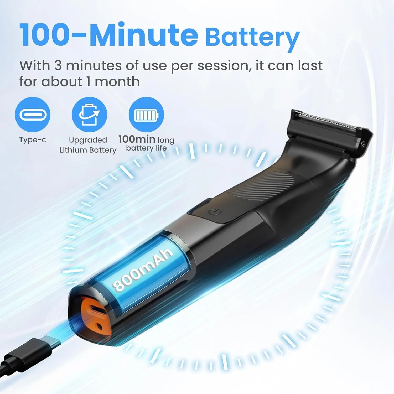 Black trimmer with Type-C charging port and 100-minute lithium battery life