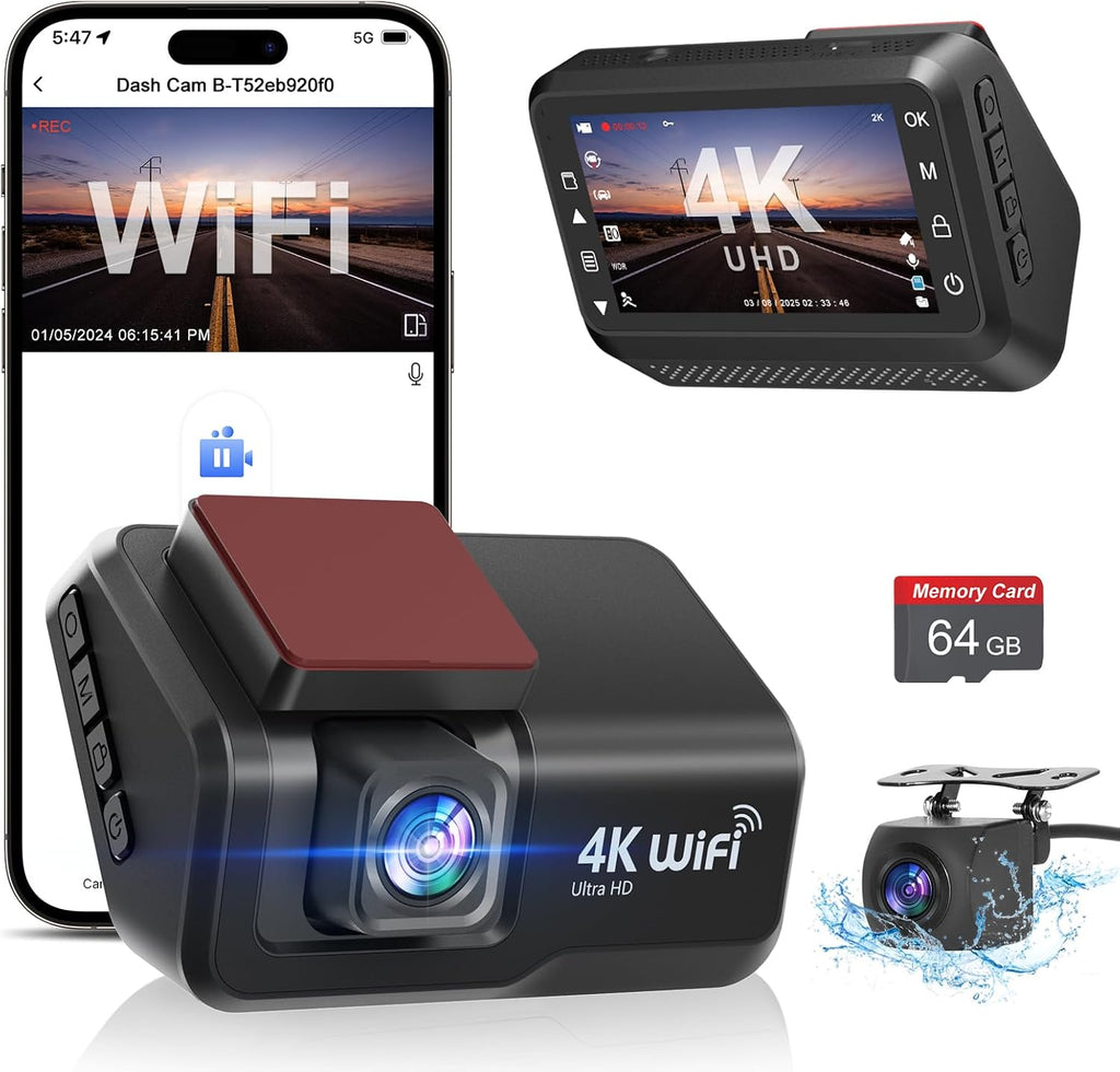CHORTAU Dash Cam Front and Rear, 4k+1080P WiFi Dual Dash Cam with APP, 3’’ IPS Dash Camera for Cars with Free 64GB Card, Dashboard Camera with Night Vision, 24/7 Parking Monitor, WDR, Loop Recording