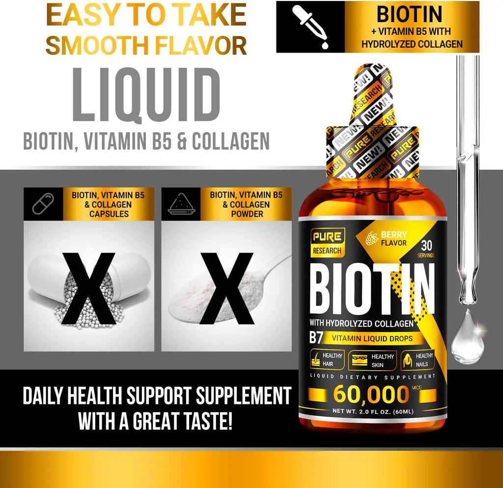 Liquid biotin drops with dropper instead of pills or powder capsules