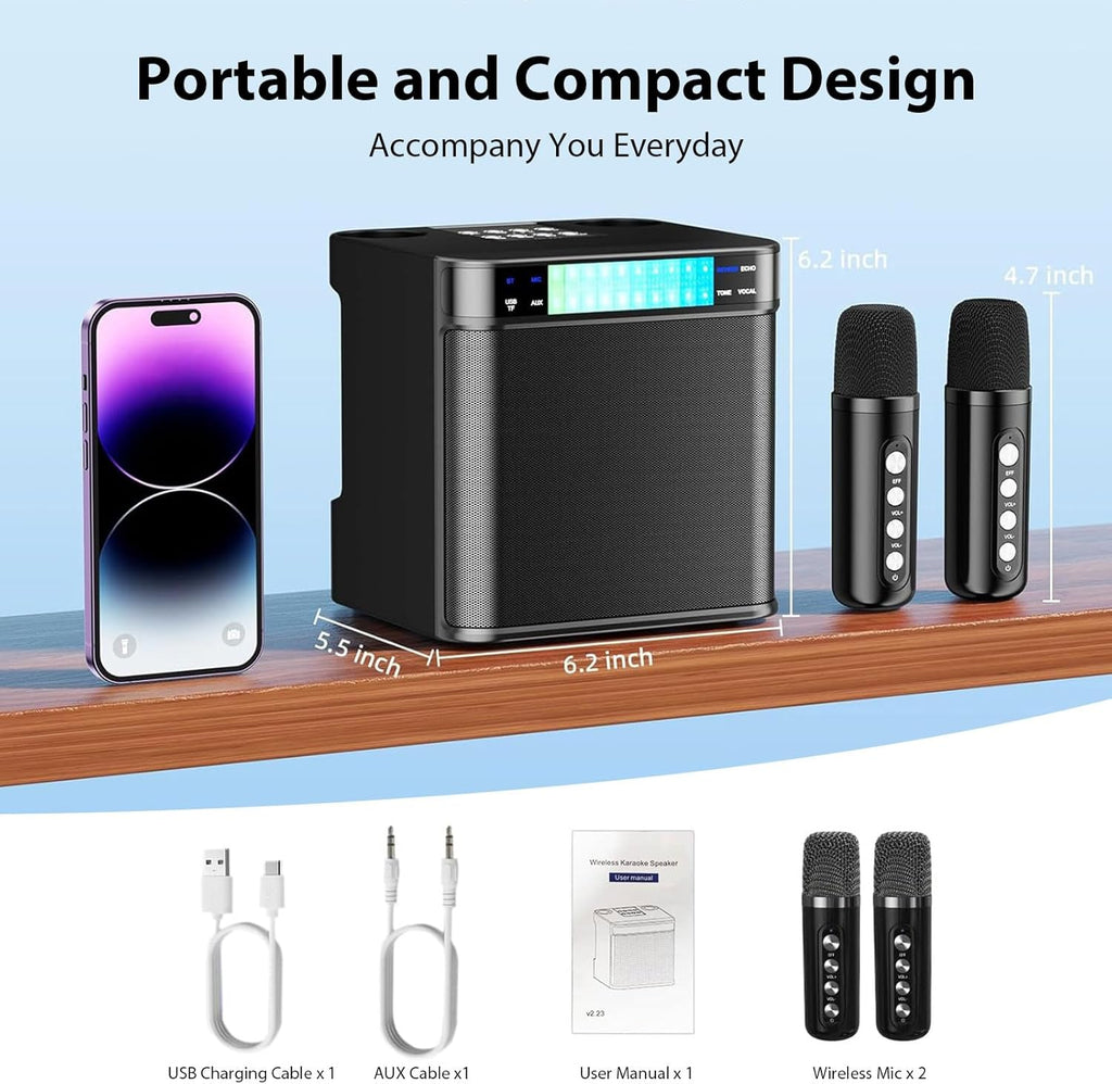 Karaoke Machine For Kids/Adults, Portable Bluetooth PA Speaker System With 2 Wireless Microphones For Home, Party, Metting, Dynamic LED Lights, Support TF/USB/AUX