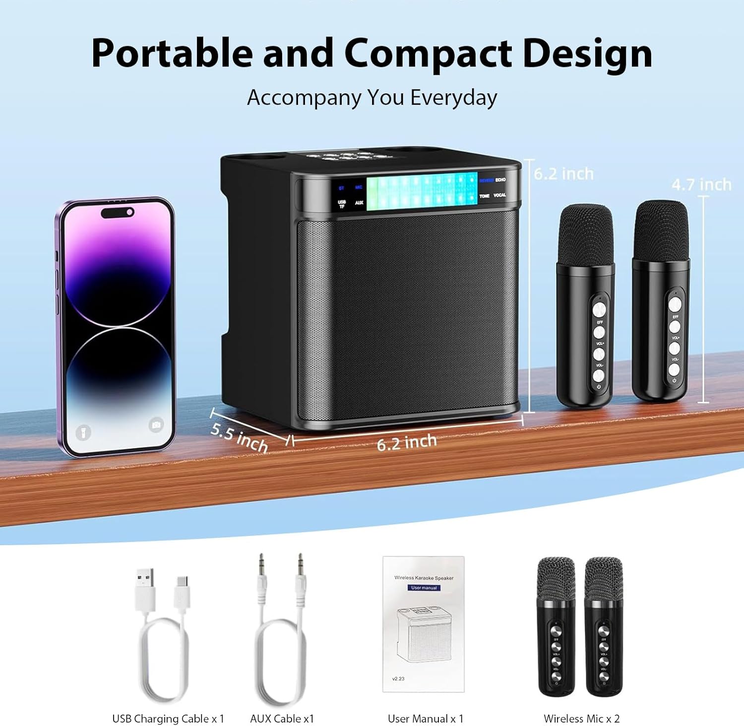 Karaoke Machine For Kids/Adults, Portable Bluetooth PA Speaker System With 2 Wireless Microphones For Home, Party, Metting, Dynamic LED Lights, Support TF/USB/AUX