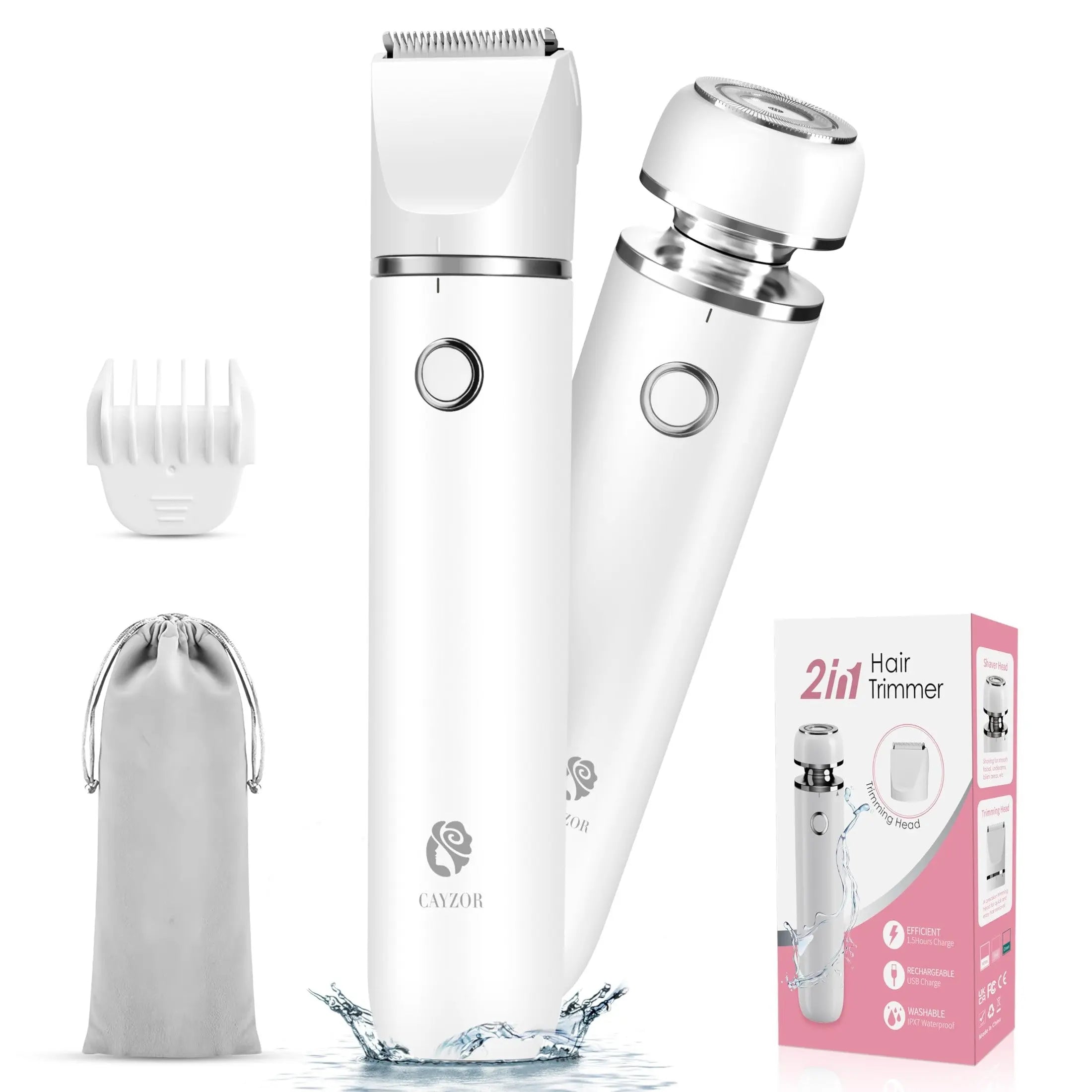 Cayzor Bikini Trimmer and Shaver Kit for Women - 2-in-1 Wet/Dry Electric Body Hair Trimmer Facial Hair Removal Cordless Waterproof Bikini Shaver Razor for Face Lip Chin Pubic Underarm Legs