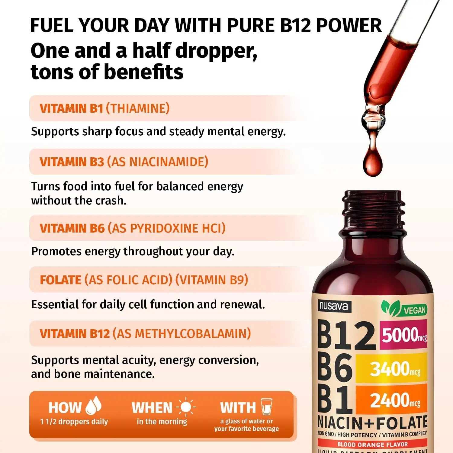 (2 Pack) Vitamin B12 and B6 Liquid Drops, B12 Sublingual Vitamin B Complex - B 12 Vitamin 5000mcg - B12 Methylcobalamin for Energy, Brain, Heart Support with 27,200 mcg, Crimson Orange, 80 Servings