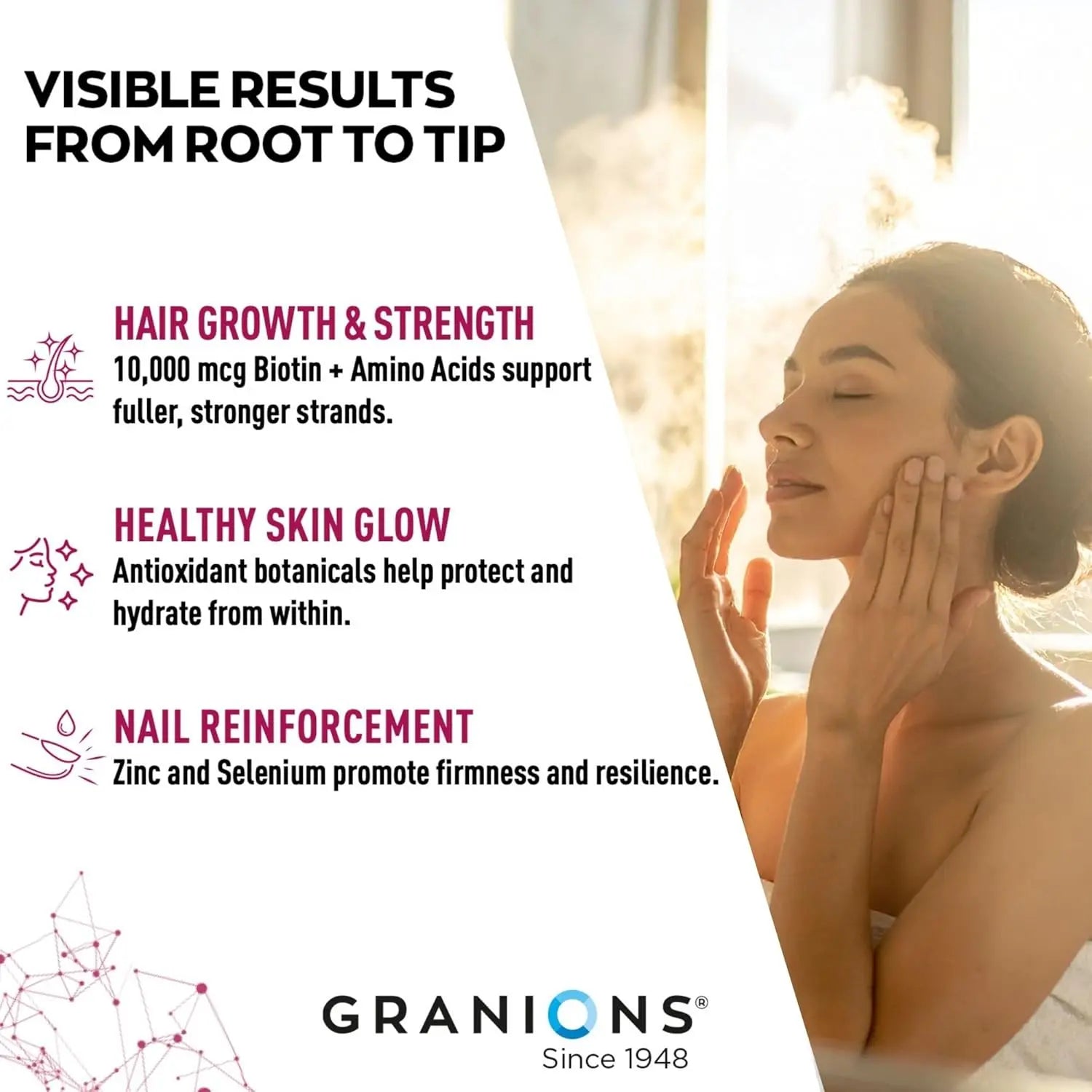 Granions Biotin 10,000 mcg Hair, Skin and Nails Pills - Extra Strength Biotin Complex with Zinc, Selenium, Millet, Bilberry, Aminos - Hair Growth Vitamins Supplement for Women & Men - 60 Tablets