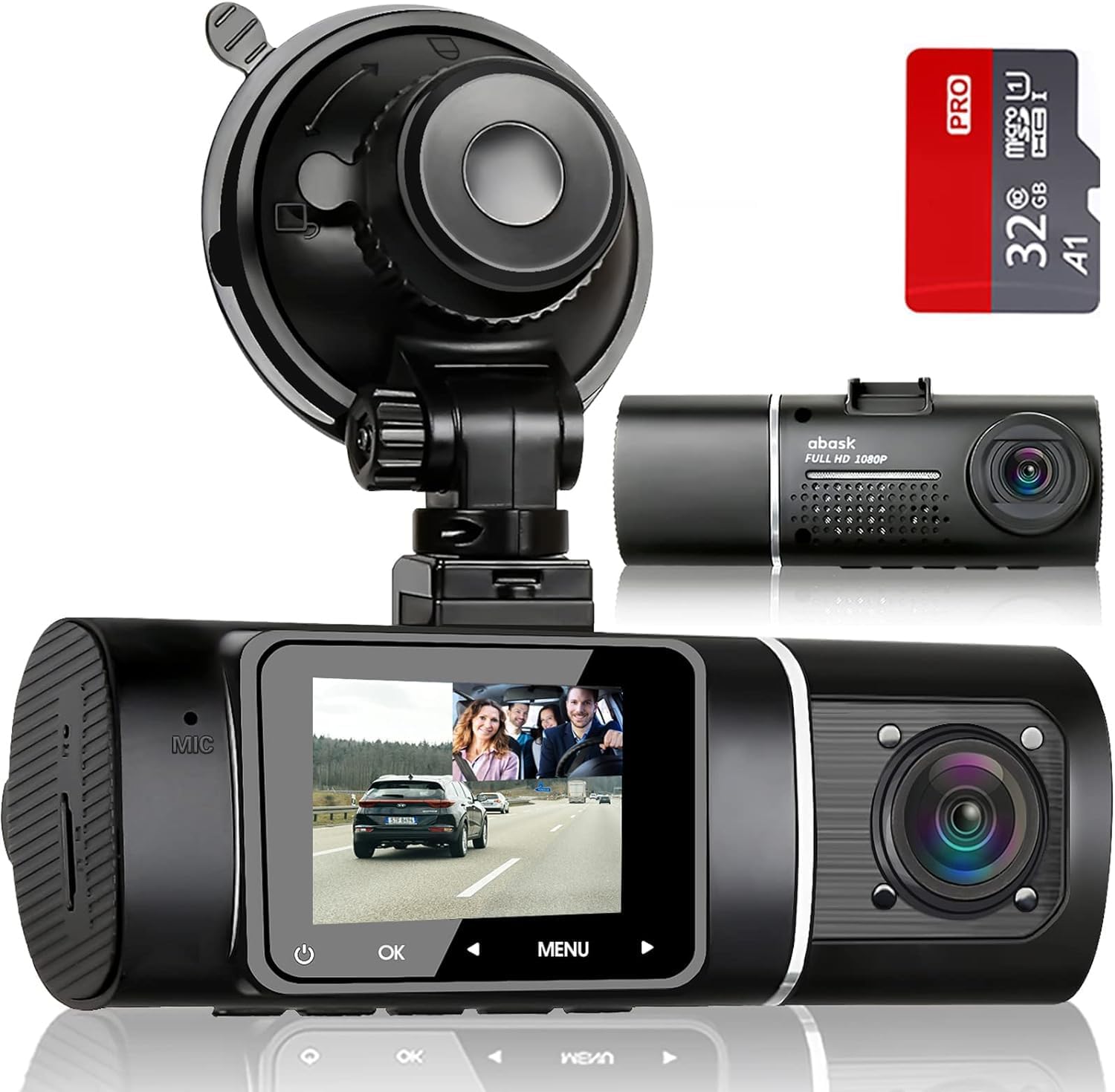 abask J05 Dash Cam Car 1080P Dash Cam Front Interior with 32GB SD Card, 310° Wide Angle View, Car Camera with Parking Monitoring, Motion Detection, Infrared Night Vision, G-Sensor, Loop Recording,