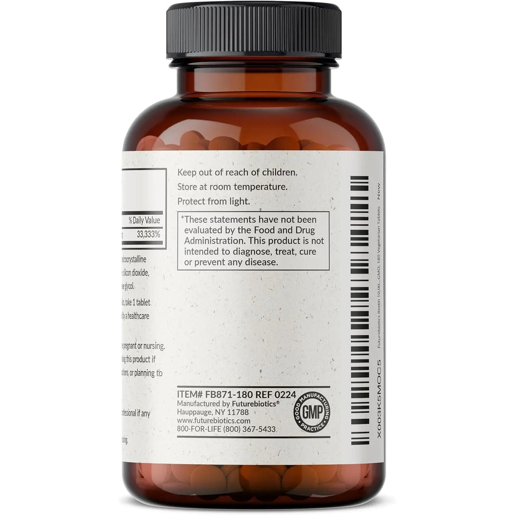 Back of Futurebiotics Biotin 10,000 MCG bottle with storage instructions