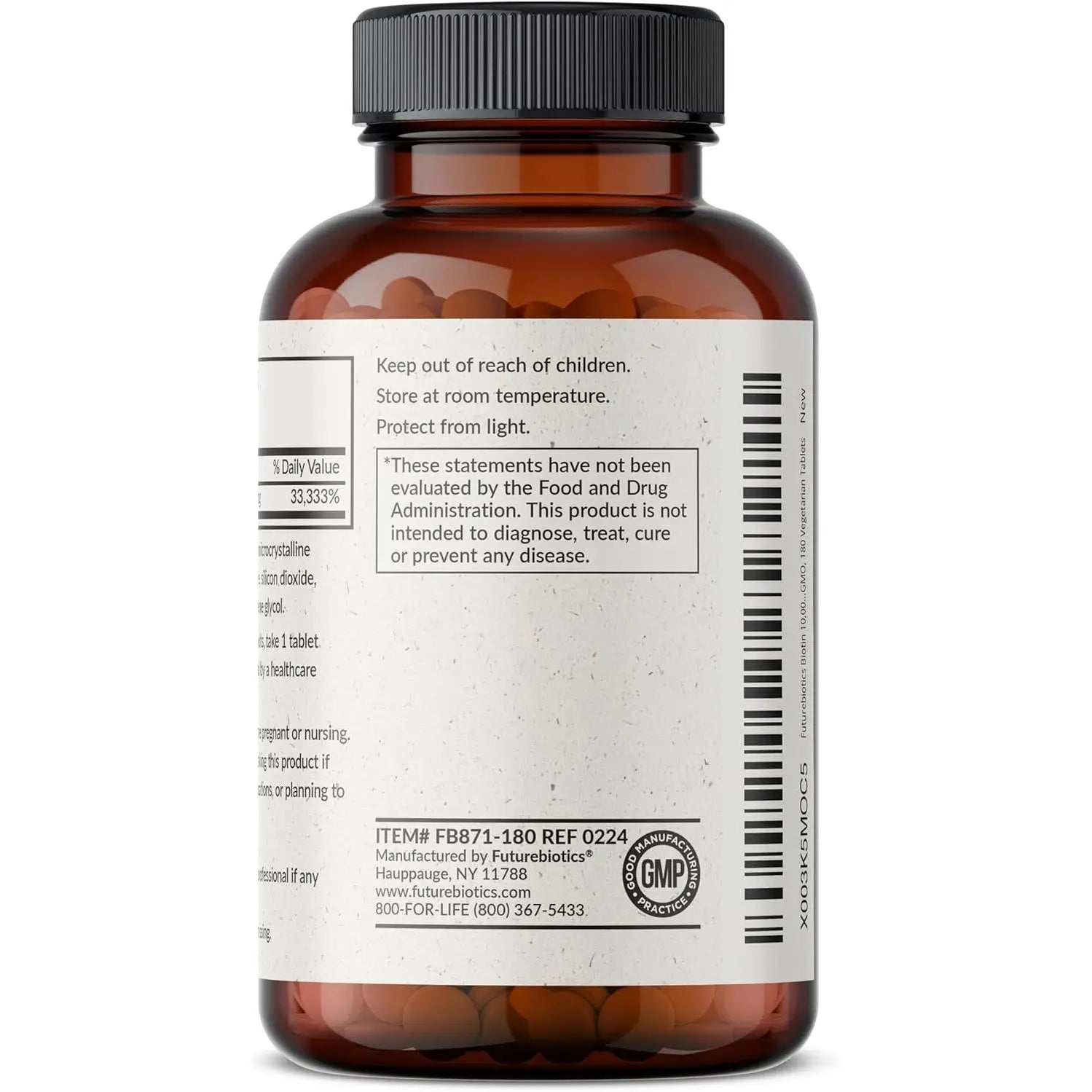 Back of Futurebiotics Biotin 10,000 MCG bottle with storage instructions