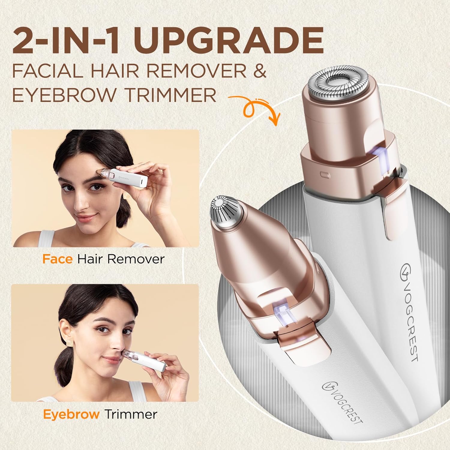 Portable Eyebrow Trimmer & Facial Hair Removal for Women, Rechargeable 2 in 1 Hair Remover and Eyebrow Razor, Eyebrow Lips Body Facial Hair Remover for Women with Built-in LED Light (White)