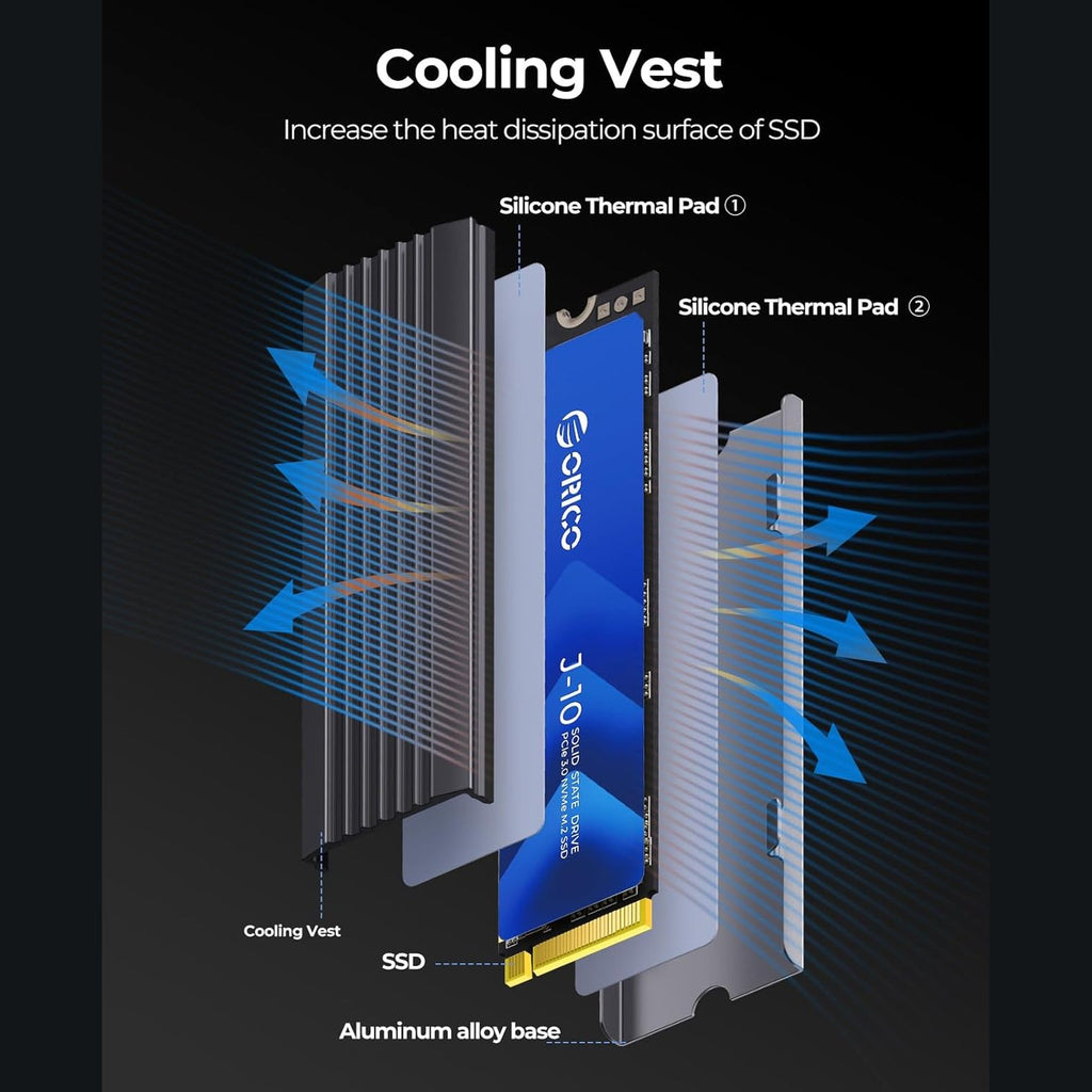 ORICO NVMe M.2 1T PCIe Gen3.0x4 2280, 3D NAND Internal SSD with Heatsink, up to 3100MB/s, Internal Solid State Drive for PC/Console Games and Video Editing-J10