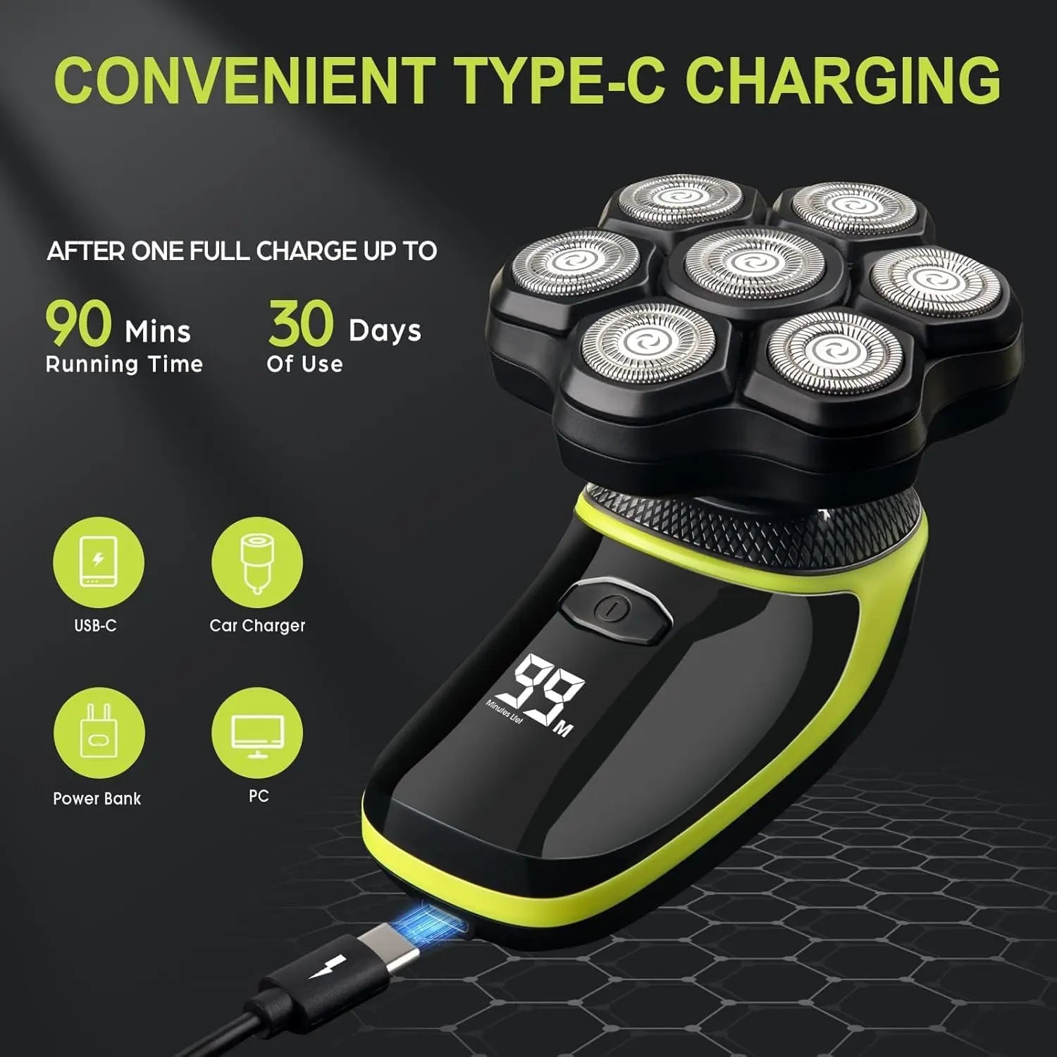 Telfun 7D Head Shavers for Bald Men, Detachable Head Shaver LED Display Dry/Wet Bald Head Shavers for Men, IPX7 Waterproof Head Shavers for Men with Type-C Charge