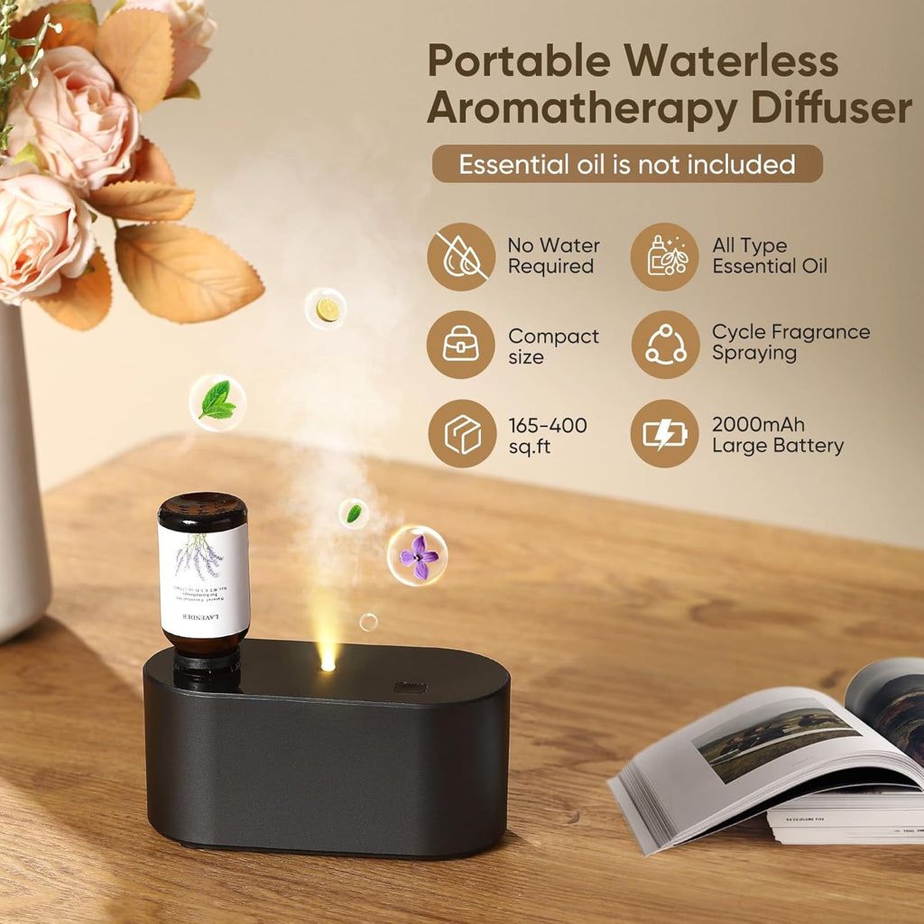 Waterless Diffuser for Essential Oil Nebulizer,Battery Operated Mini Scent Air Machine, Aromatherapy Atomizing Diffuser, 3 Mist Modes, Cycle Start for Bedroom, Home, Office 160-400 sq. ft Scent Black