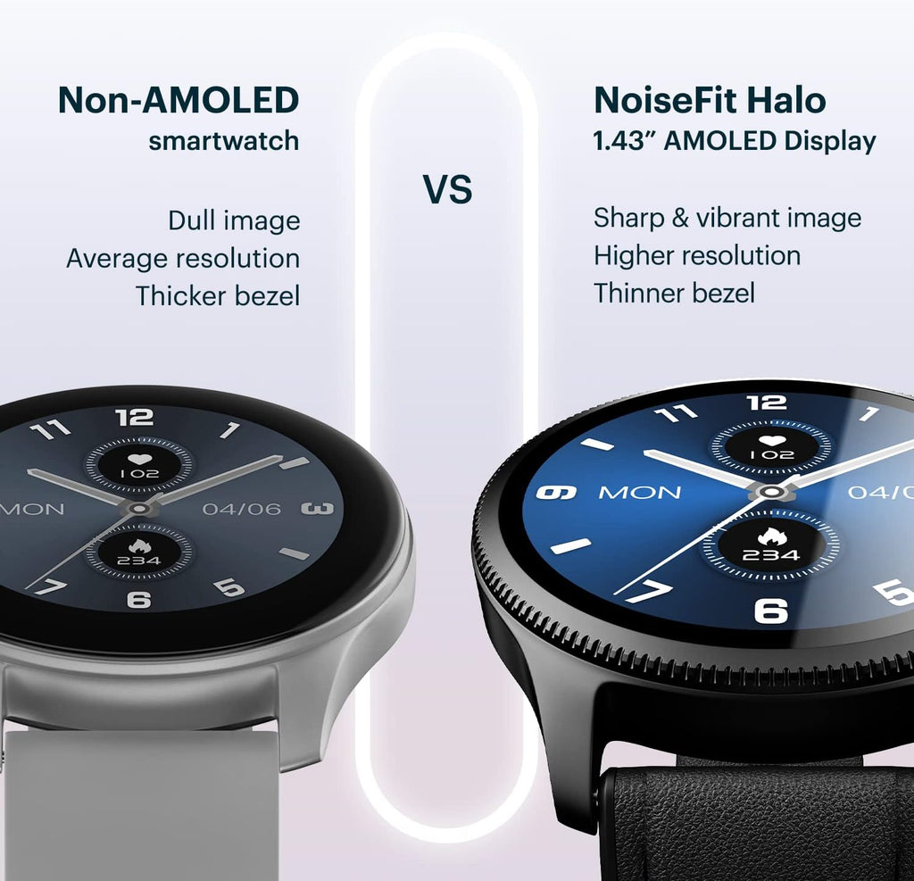 Noise Fit Halo 1.43" AMOLED Display, Bluetooth Calling Round Dial Smart Watch, Premium Metallic Build, Always on Display, Smart Gesture Control, 100 Sports Modes, Up to 7-Day Battery Life, BT v5.3,