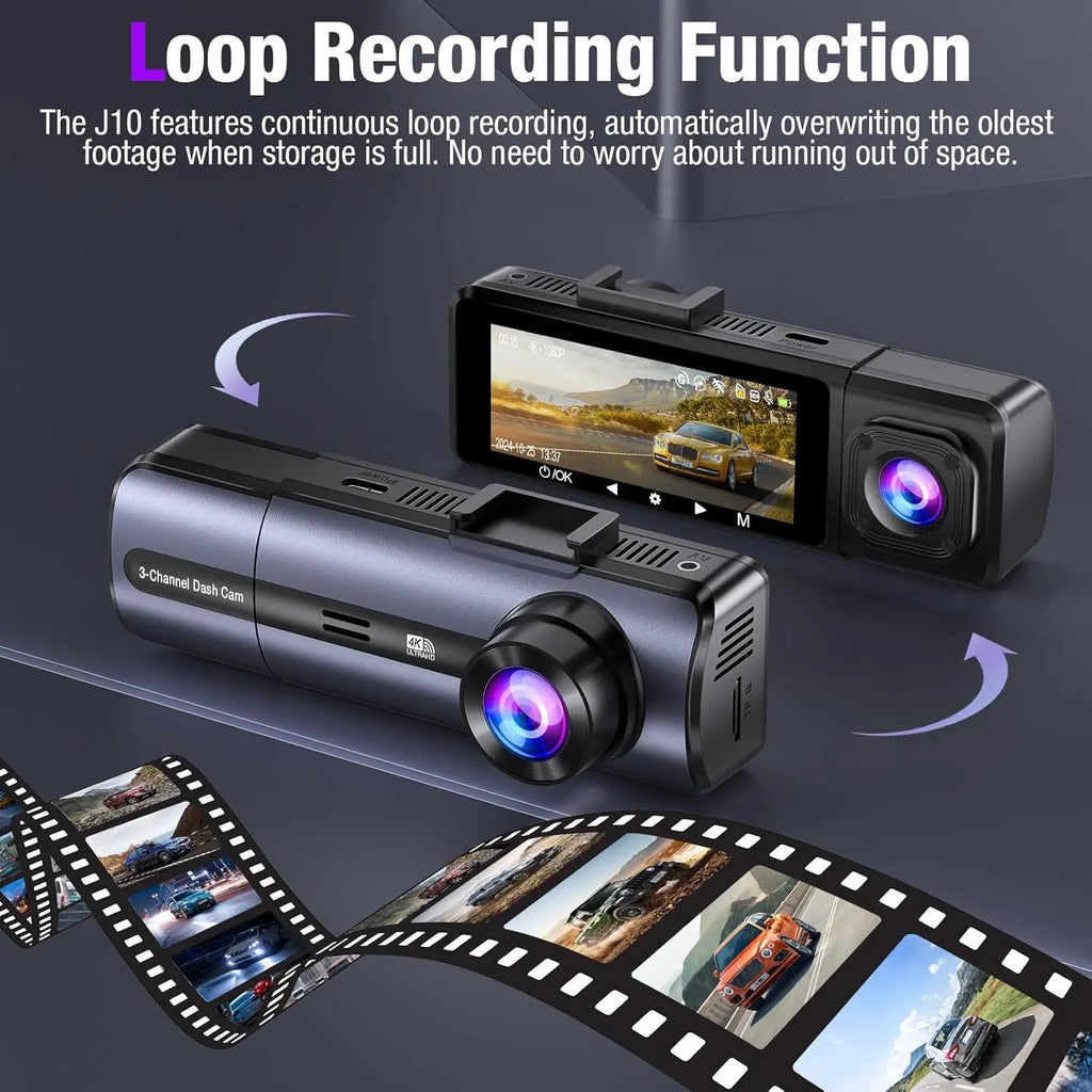 Loop recording dash cam with continuous video cycling and microSD slot