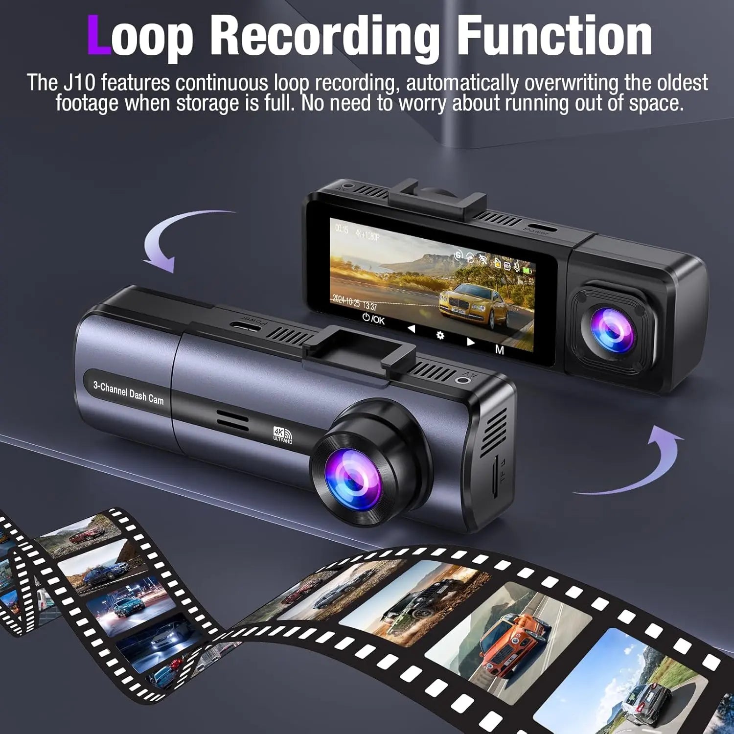 Loop recording dash cam with continuous video cycling and microSD slot